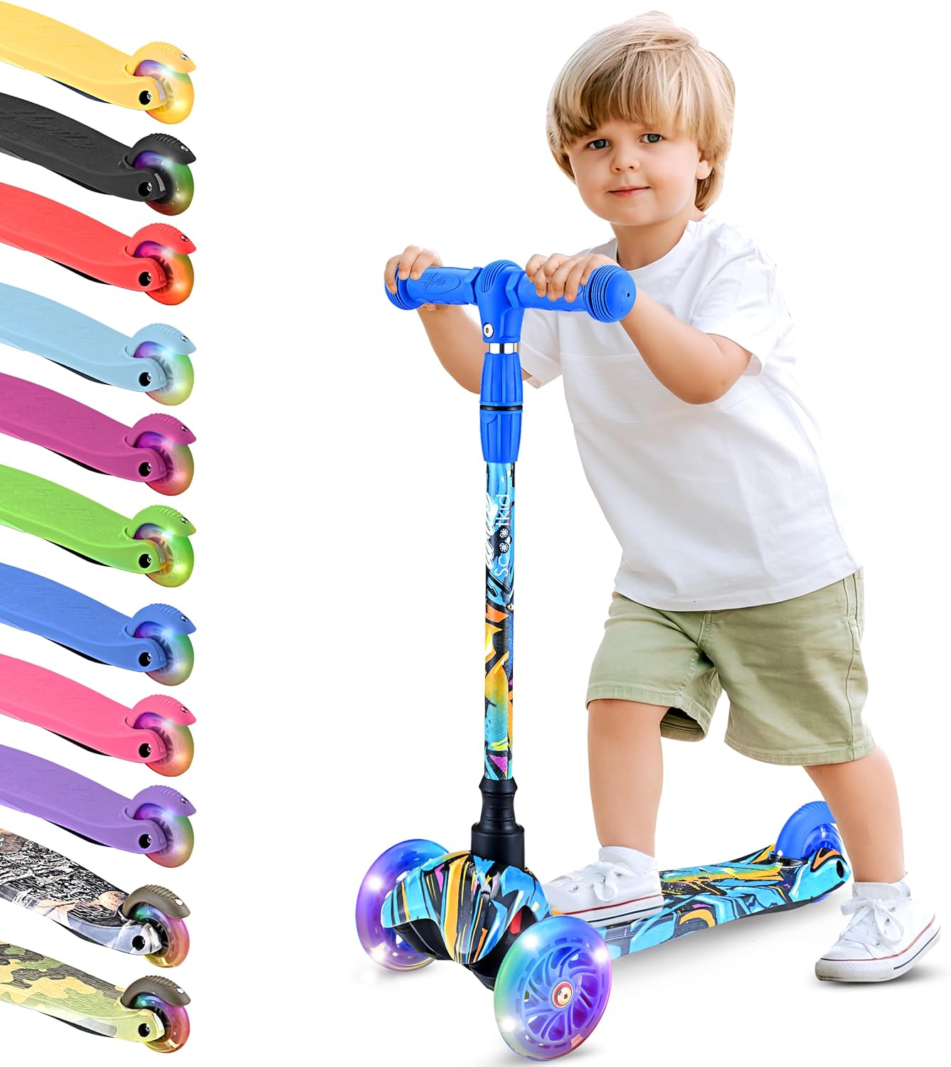 Hurtle Mini Kickboard 3 Wheel Scooter for Kids Ages 2-5 – Lean-to-Steer Toddler Scooter with Light-Up LED Wheels, Adjustable Height & Rear Foot Brake for Boys & Girls, Anti-Slip, Indoor/Outdoor
