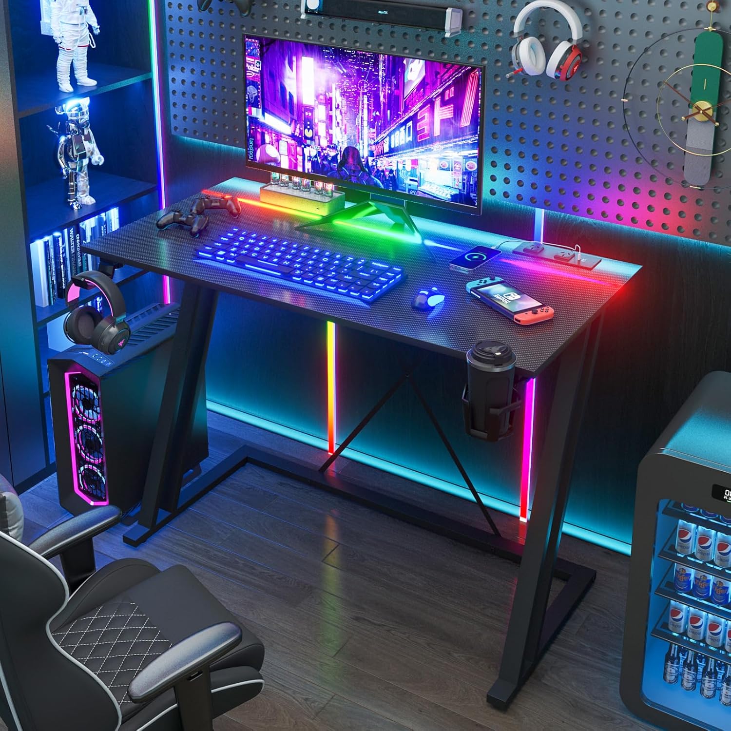 Advwin Gaming Desk Built-in LED Lights & Power Outlets 100cm Carbon Fiber Surface Computer Desk with Cup Holder & Headphone Hook Black