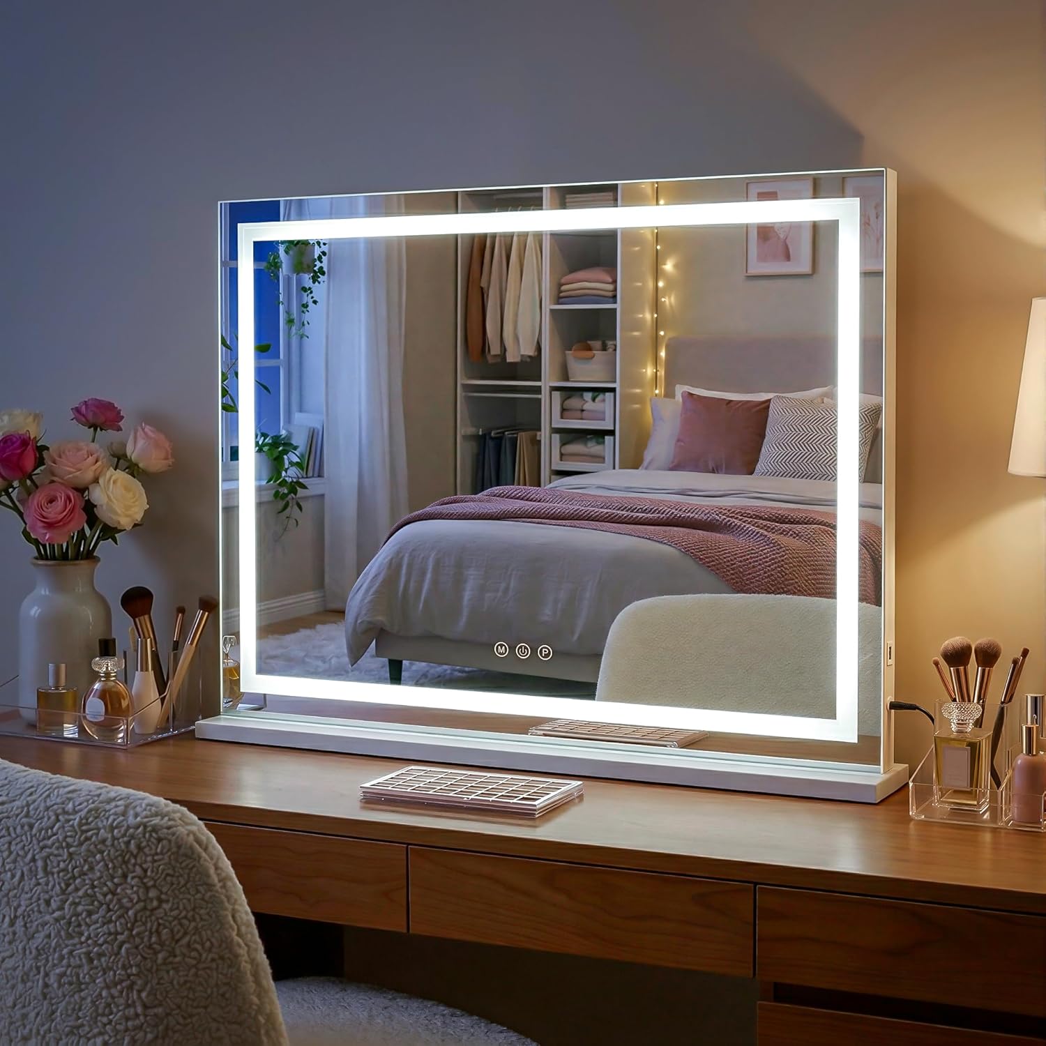 ELEGANT 80x60cm Lighted Vanity Mirror, 3 Color Lighting Modes Makeup Mirror, Stepless Dimming Hollywood Mirror, Detachable 10X Magnifier, USB Port, Large Professional Makeup Mirror for Dressing Room