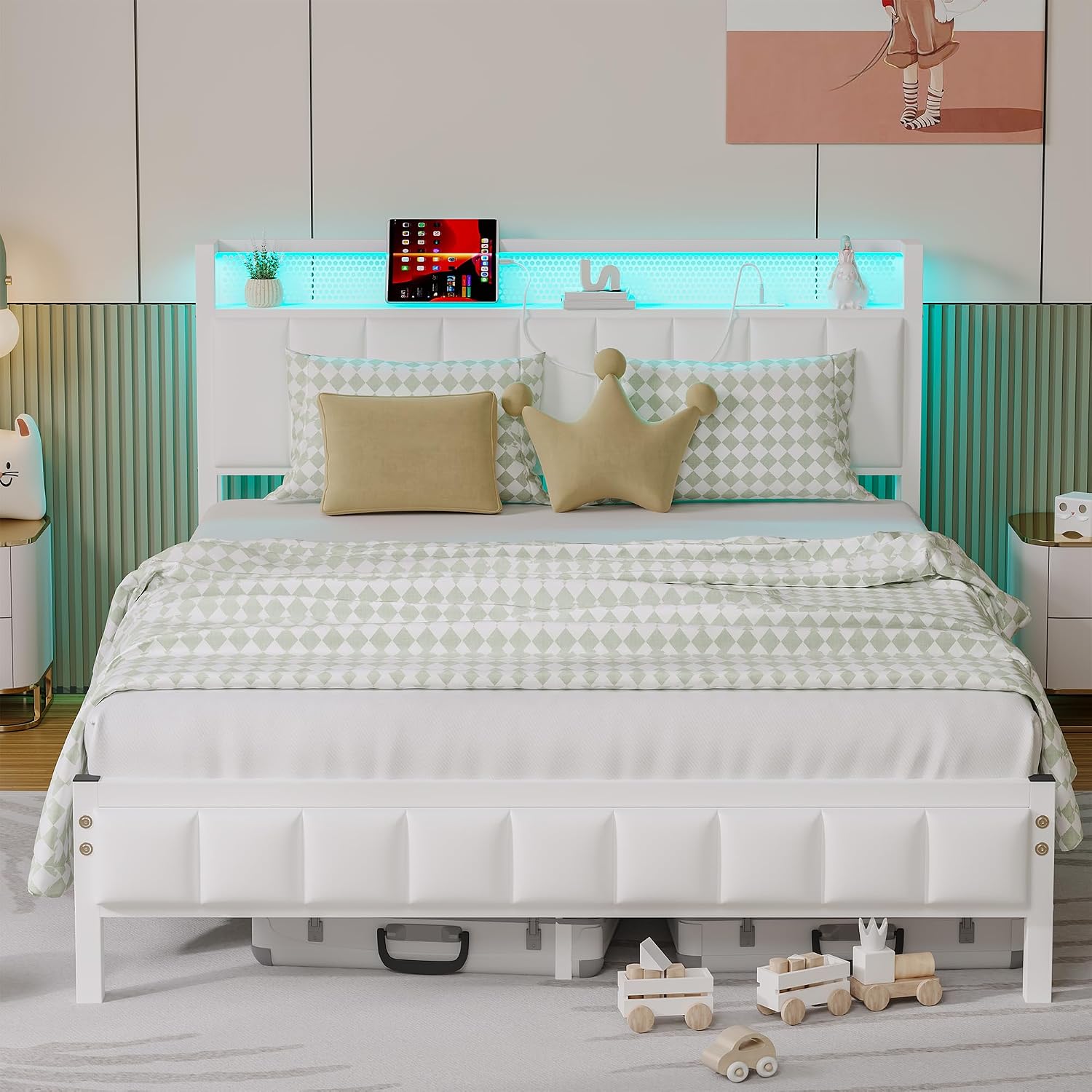 Double Bed Frame with LED Lights Storage Headboard and USB Charging Station,Metal Upholstered Platform Bed Frame Double with Storage No Box Spring Needed,Strong Steel Slats,Noise Free,White