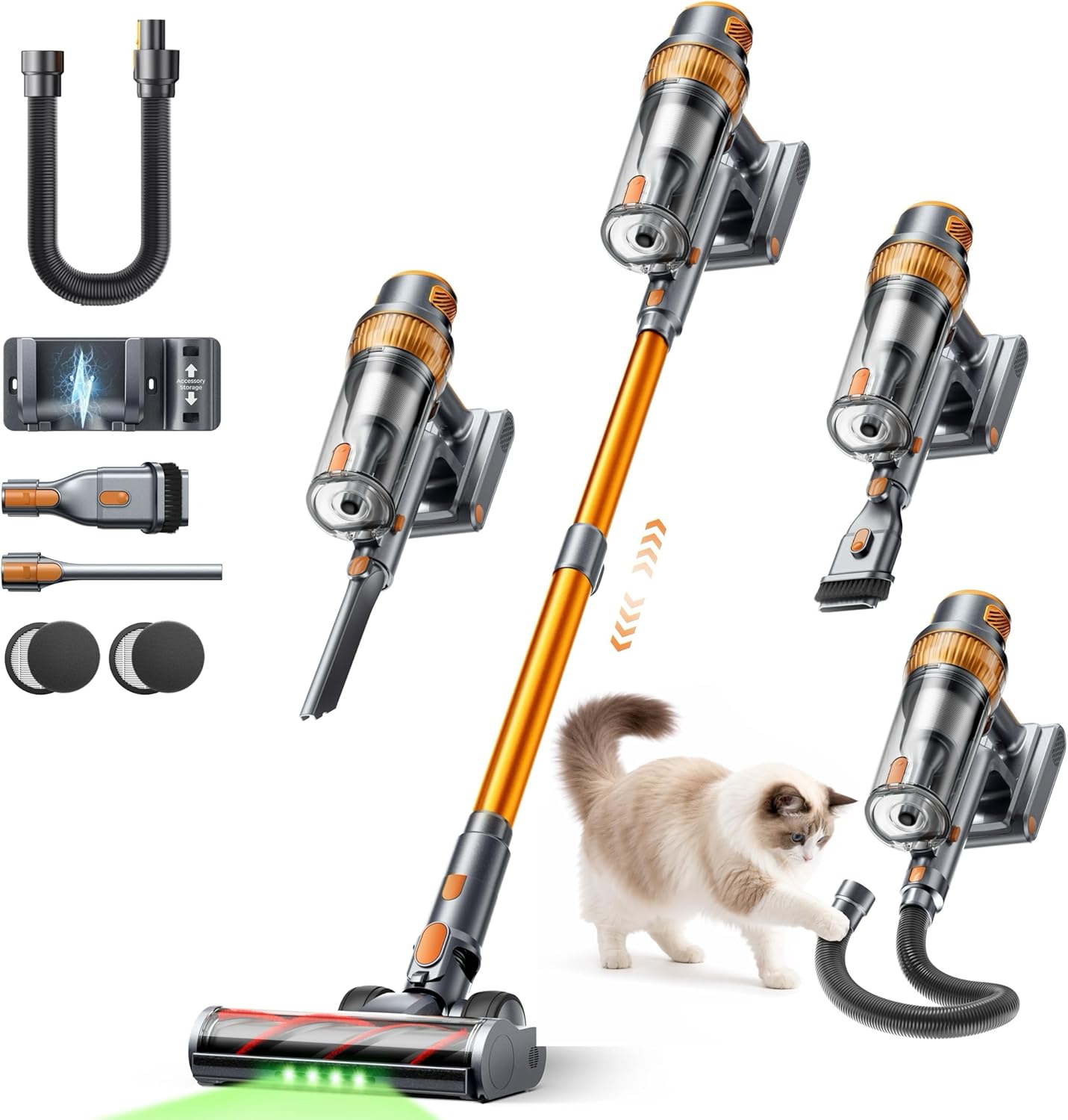 Cordless Vacuum Cleaner, 650W/55KPA 65Min, Stick Vacuum with 1M Extendable Hose, Self-Stand Feature, Auto Mode, Wall Mounted Charging, Touchscreen, Anti-Tangle Vacuum for Pet Hair/Carpet/Floor/Car