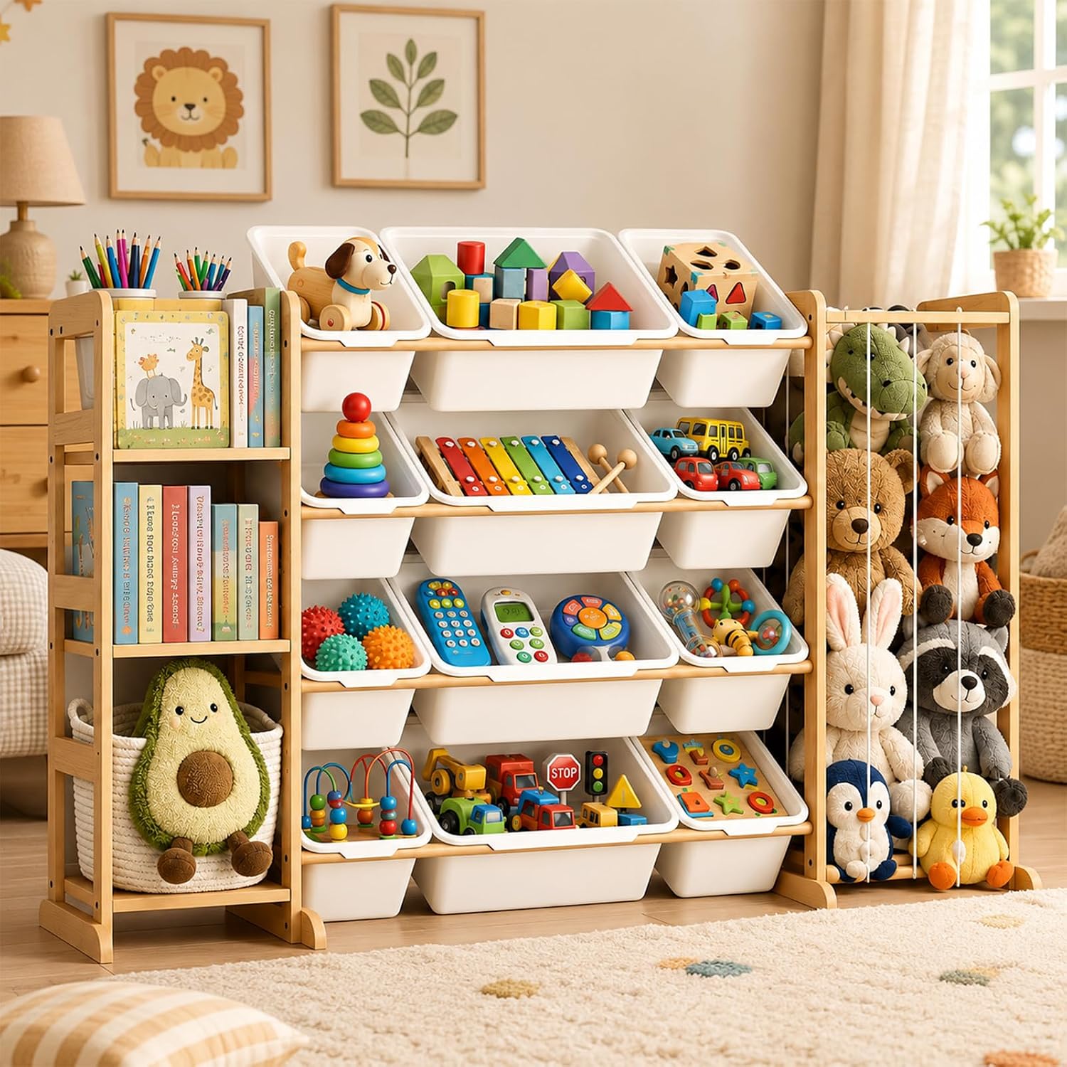 Wooden Toy Storage Organizer with Bookshelf and Stuffed Animal Storage, 3 Shelves and 12 Storage Bins, Toy Shelf for Toddler Rooms, Playrooms, Bedrooms