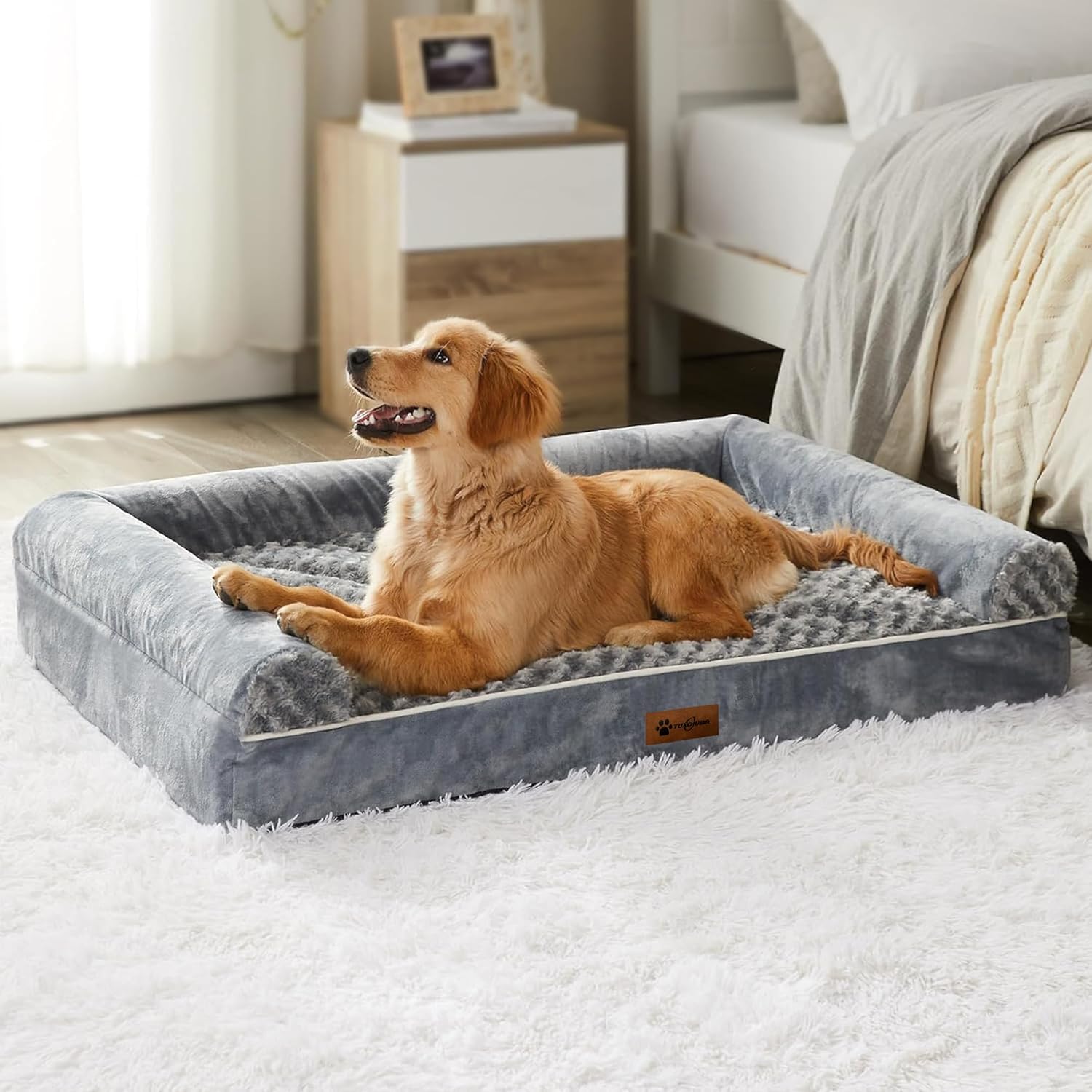 TUXOIUBA Orthopedic Dog Beds for Large & Medium Dogs, Non-Slip Bottom and Egg-Crate Foam Big Dog Couch Bed with Washable Removable Cover, Pet Sofa with Bolster-XL