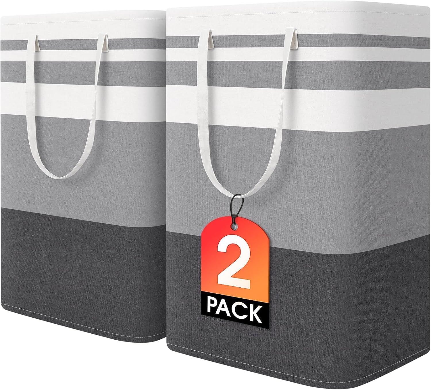 Laundry Hamper, 2 Pack 75L, Large Foldable Laundry Basket, Sturdy Portable Clothes Storage Organizer with Handles for Home, Bedroom, Bathroom Black & Gray Stripe