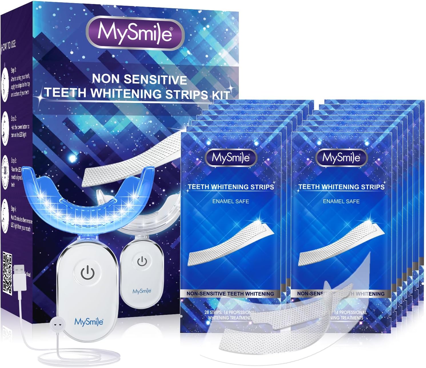 MySmile Teeth Whitening Kit with led Light, 14X Teeth Whitening Strips for Teeth Sensitive, 10 Min Fast Whitening Teeth, Helps to Remove Stains from Coffee, Smoking