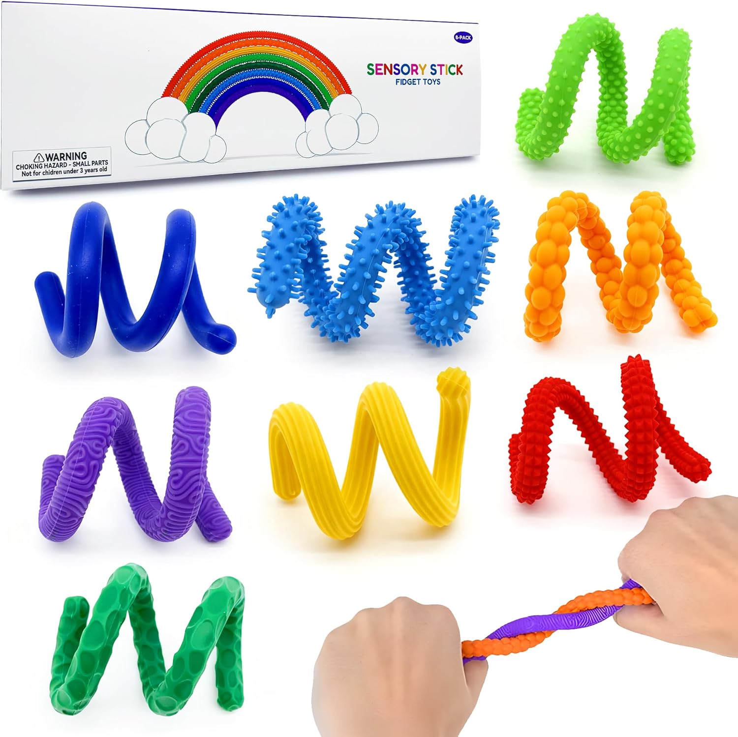 Fidget Toys Sensory Stick: 8 Pack Flexible Sensory Sticks Toys for Kids,Calm Down Travel Airplane Toy, Quiet Stress Relief Bendable Fidgets for Autism ADHD, Christmas Stocking Stuffers & Birthday Gift