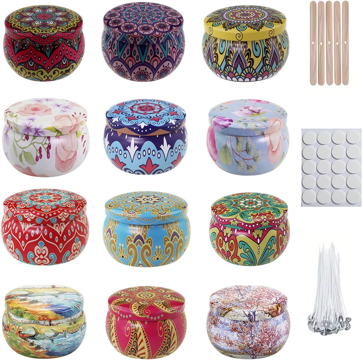 SHGarden 112pcs Candle Making Kit 12pcs 2.2oz Empty Candle Jars with 100pcs Candle Making Parts Metal Candle Tins Vintage Metal Containers with Lids Wick Holders for DIY and Storage SH0084 (Set B)