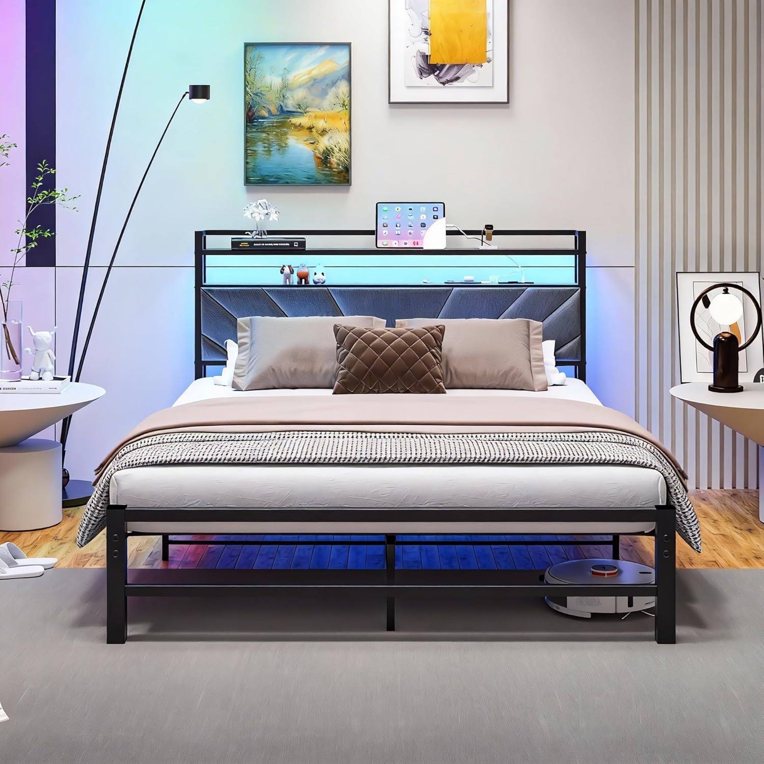 Double Bed Frame with Storage Headboard, Metal Platform Bed Frame Double Size Upholstered Bed Frame with Charging Station and LED Lights Under Bed Storage Easy to Assemble