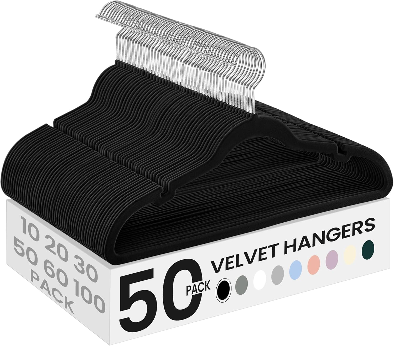 SONGMICS Coat Hangers, 50 Pack Velvet Hangers, Non-Slip Clothes Hangers, with Shoulder Notches, Trouser Bar, 360° Swivel Hook, Space-Saving, 16.9-Inch Long, for Closet, Black UCRF029B05