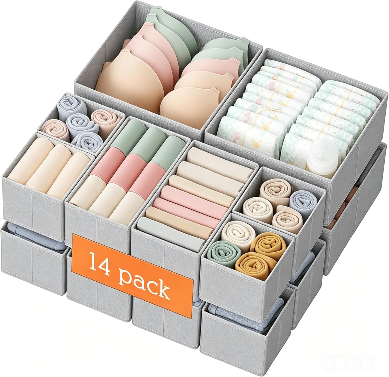 14 Pack Cloth Drawer Storage Organizer Boxes, Open Wardrobe Organiser for Baby Clothes, Underwear, Socks, Foldable Closet Organization Storage Dividers for Nursery, Bedroom, Dorm (Grey)