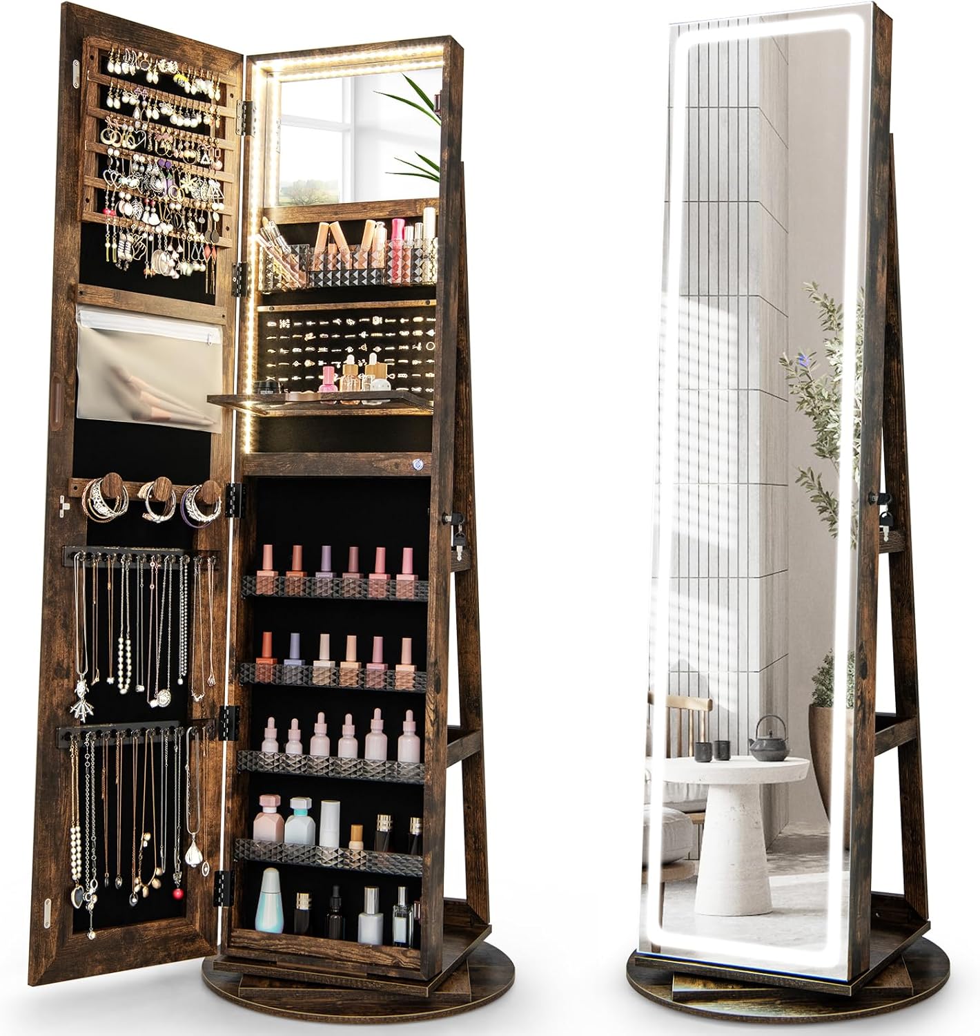 Giantex 160 cm Standing Jewelry Cabinet w/Adjustable LED Lights, 360° Swivel Lockable Jewelry Armoire Organizer w/Full-Length Mirror, Makeup Mirror & Foldable Makeup Shelf (Coffee)