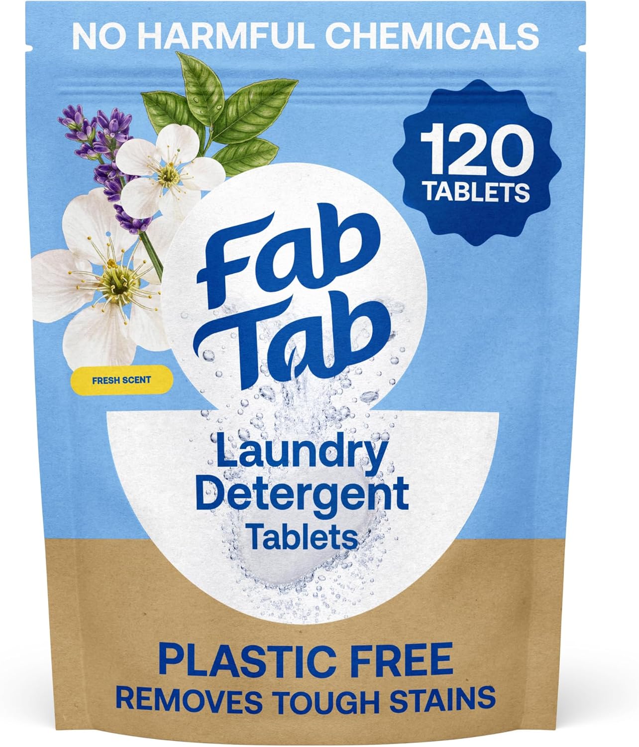 Fab Tab Laundry Detergent Tablets, Clean Ingredients, Sensitive Skin Friendly, Powerful & Gentle Clean, Fresh Scent, Plastic-Free Alternative to Liquids, Laundry Pods and Sheets, 60 Count.