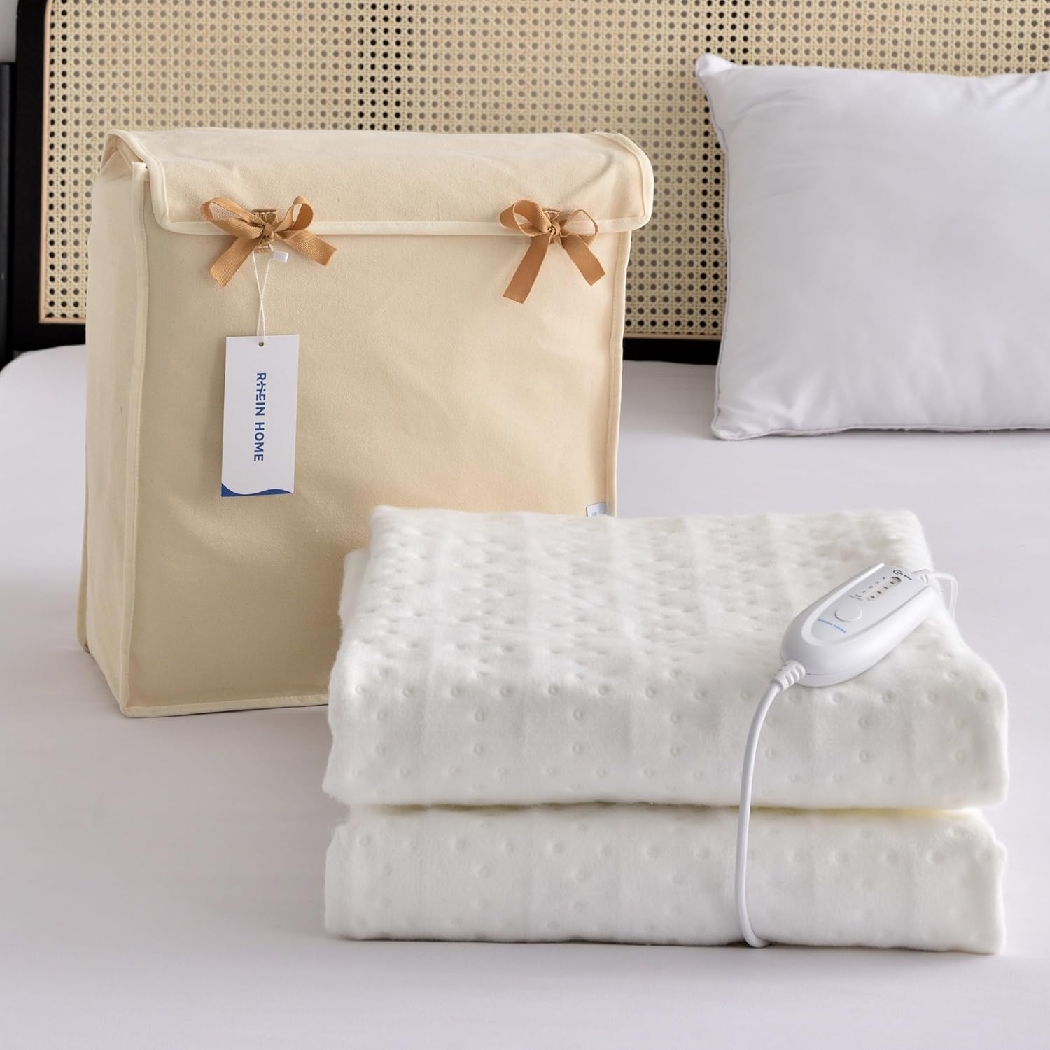 RHEIN HOME Fitted Electric Blanket Single Size 193x91cm, 4 Heat Settings, 10H Auto Shut Off Timer, Overheat Safety Protection, Machine Washable Heated Underblanket with Gift Bag, White