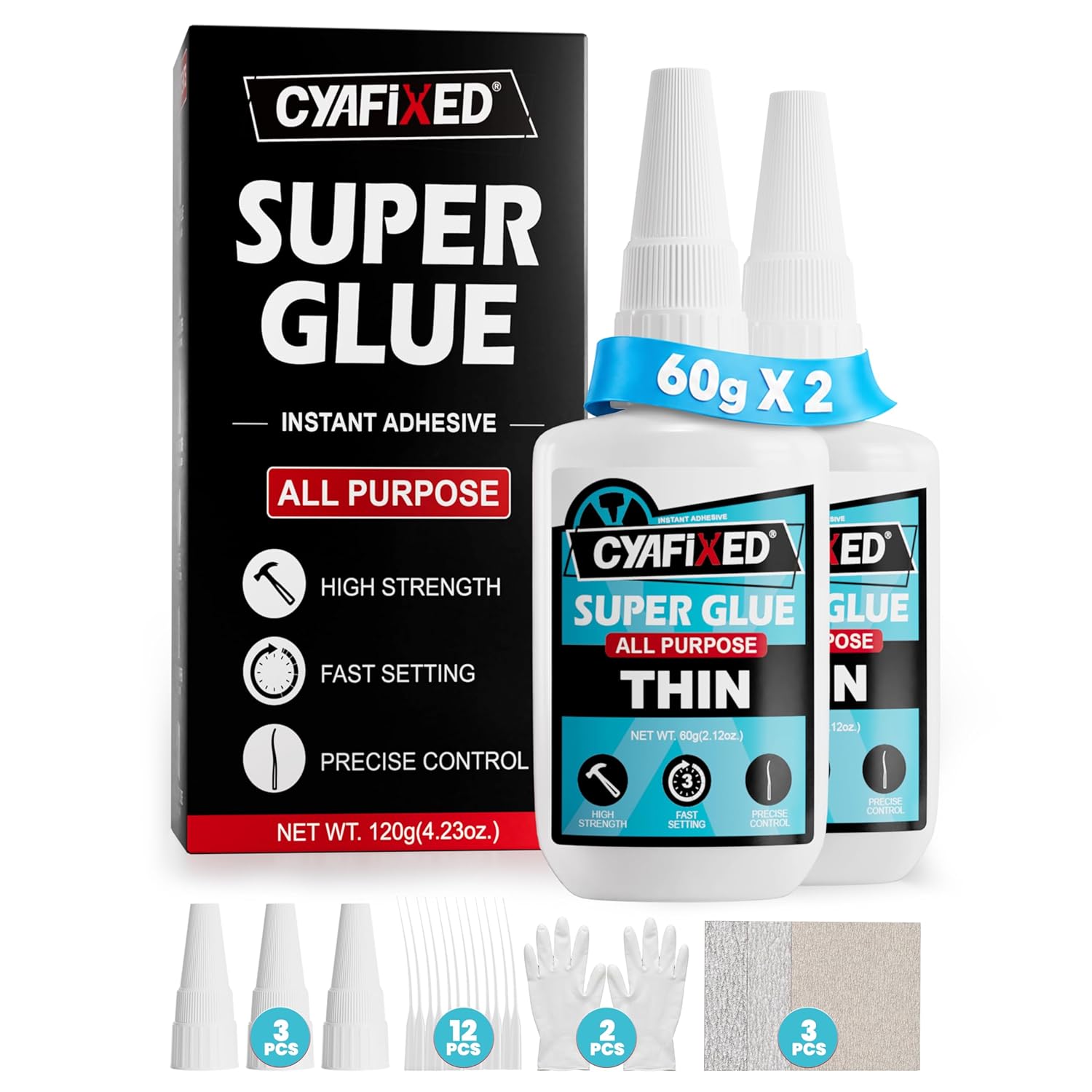 Super Fast Super Glue 120 Gram Pro Kit, Clear CA Glue Heavy Duty for Wood Shoe Leather Ceramic Plastic 3D Printer, Strong and Instant Thin Cyanoacrylate for Glass Model Craft Fletching