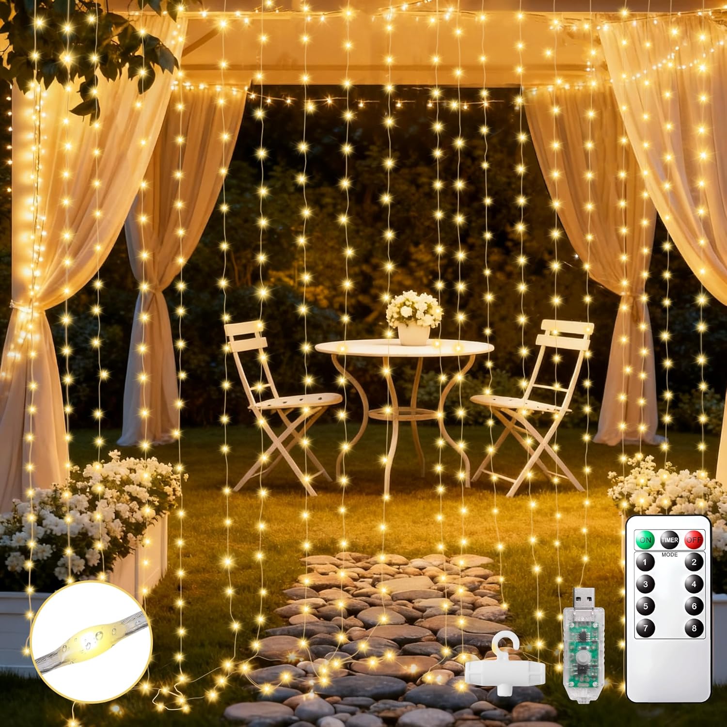 Curtain String Lights 3x3m - 300 High-Brightness LEDs Fairy Lights with Remote, 8 Modes, Timer, Durable Wires, USB Powered & IP44 Waterproof - Perfect for Wedding, Party, Bedroom & Outdoor Décor(Warm)