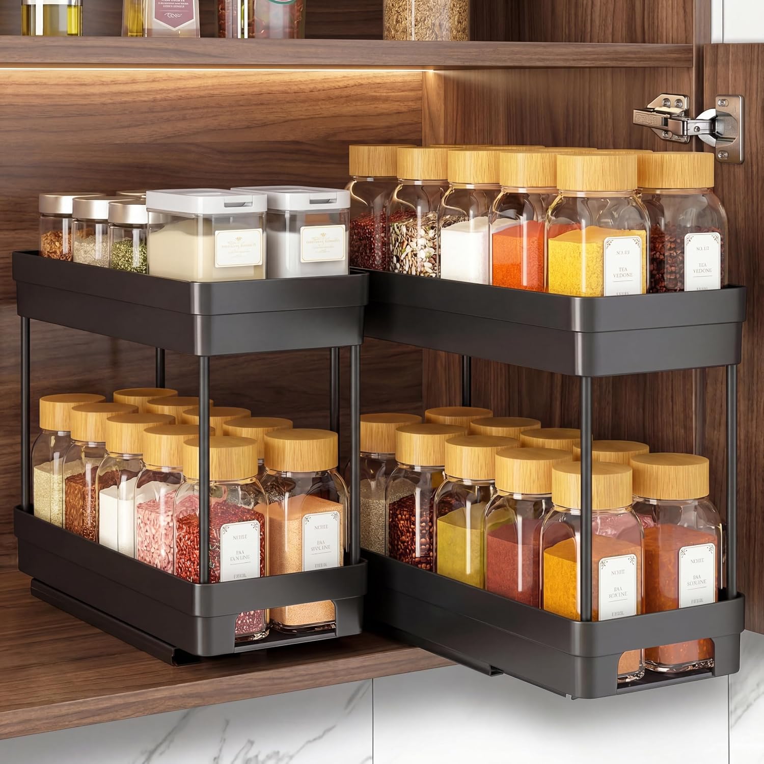 2 Pack Pull Out Spice Rack for Cabinet – 2 Tier Slide Out Cabinet Organizer, Space Saving Spice Rack Organizer for Narrow Cabinets, Smooth Glide Seasoning Storage (Black)