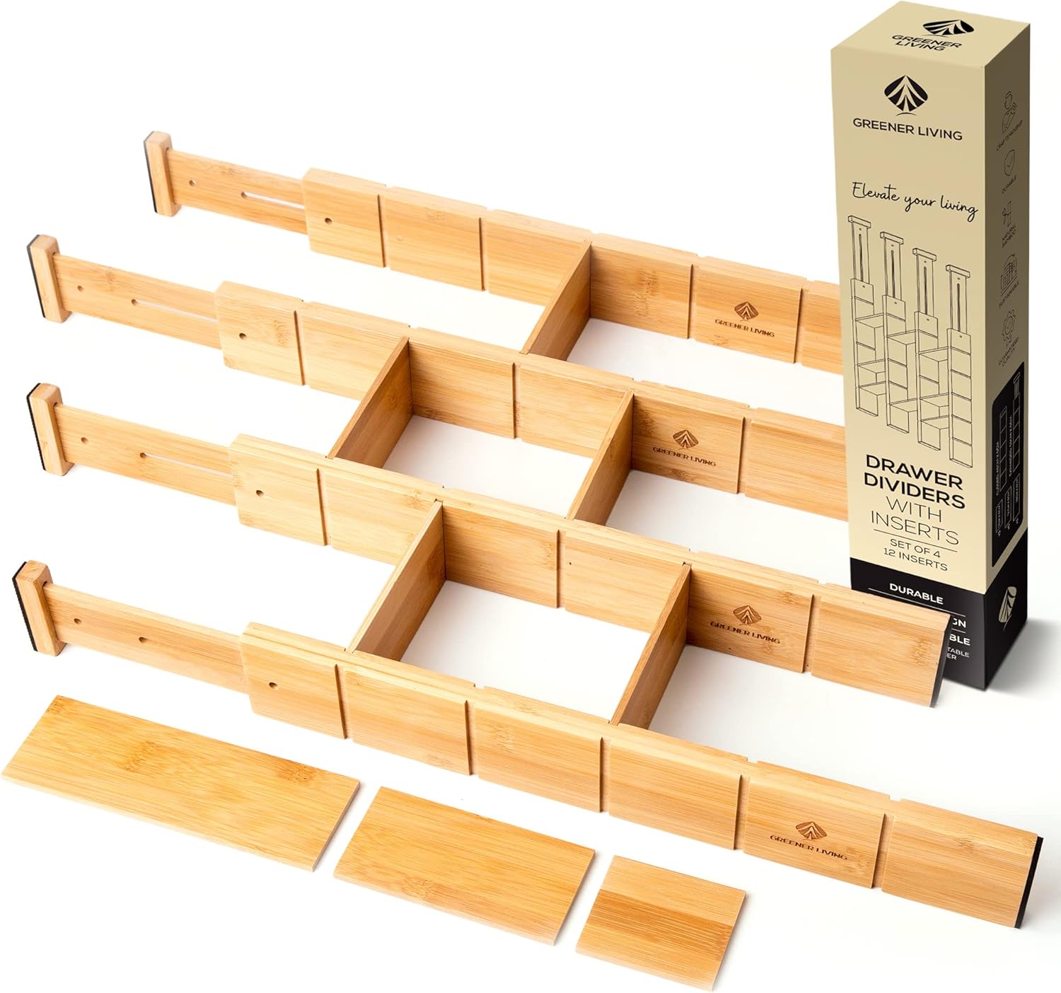 Bamboo Drawer Dividers - Cutlery Drawer Organiser with 12 Inserts, Bamboo Partitions - Customisable Cutlery Organiser – Set of 4 (33-46cm)
