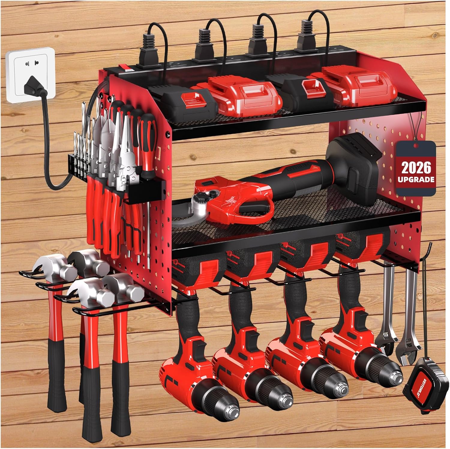 Veitorld Power Tool Organizer with Charging Station - 4 Drill Holders - Heavy Duty Modular Wall Mount Rack for Garage, Tool Storage Organizer - Gifts for Him Men Dad Husband Anniversary