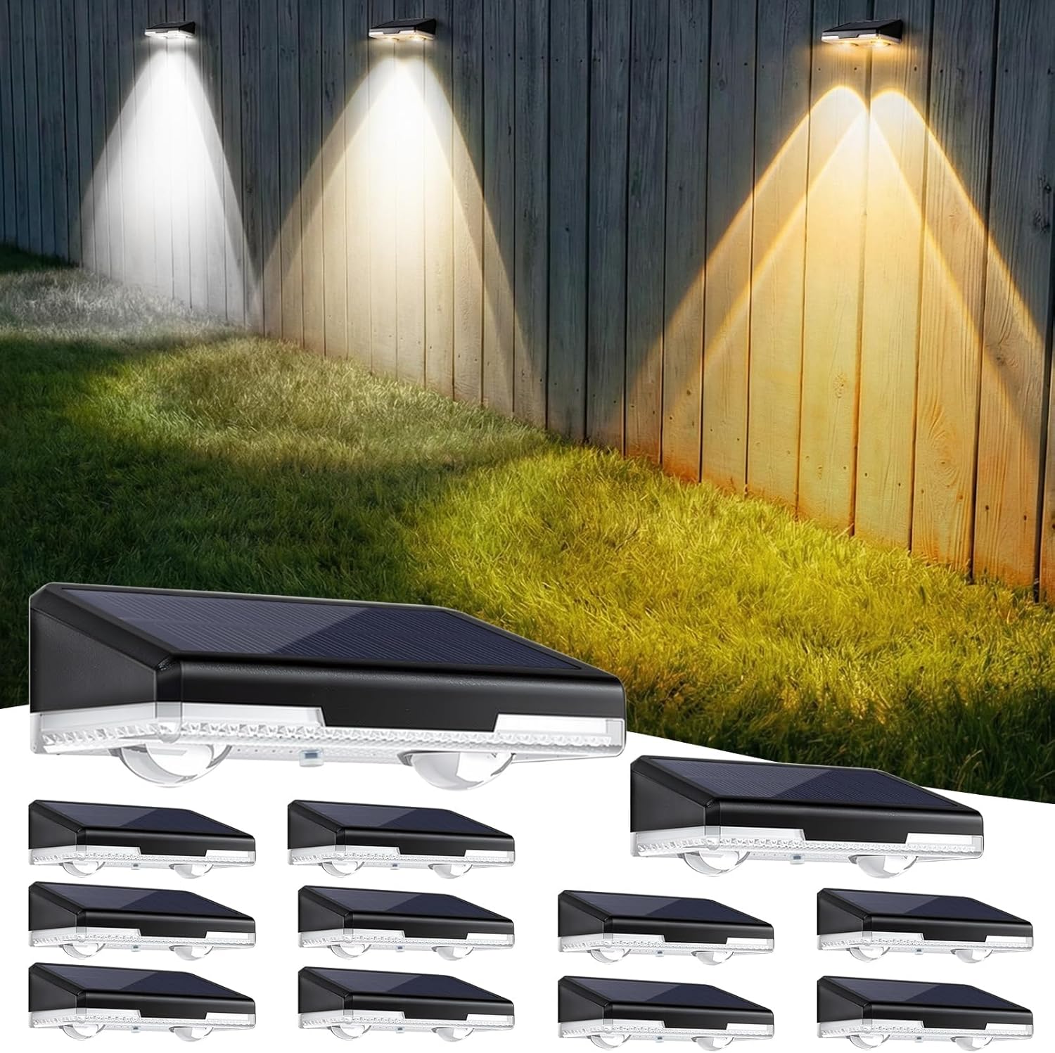 Solar Fence Lights Outdoor Garden, 3000K/4000K/6000K 3 Mode, Solar Wall Lights Outdoor Waterproof, Solar Lights for Outside Backyard/Railing/Step/Patio/Deck/Stair, 12 Pack