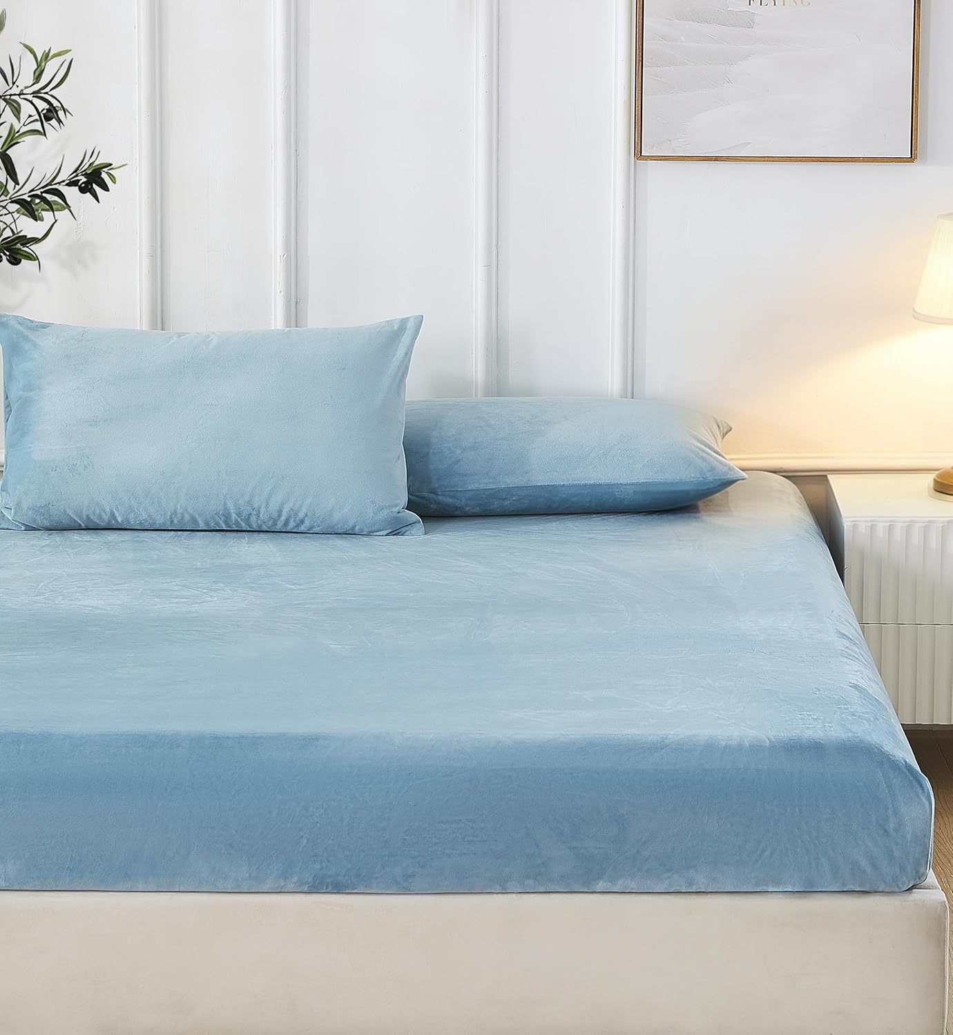 MuMullum Flannel Fitted Sheet Queen Size, Soft&Cozy Flannelette Sheets Set, Warm Teddy Fleece Bedding Set for Winter, Deep Pocket up to 40cm, Includes 1 Fitted Sheets & 2 Pillowcases(Blue)