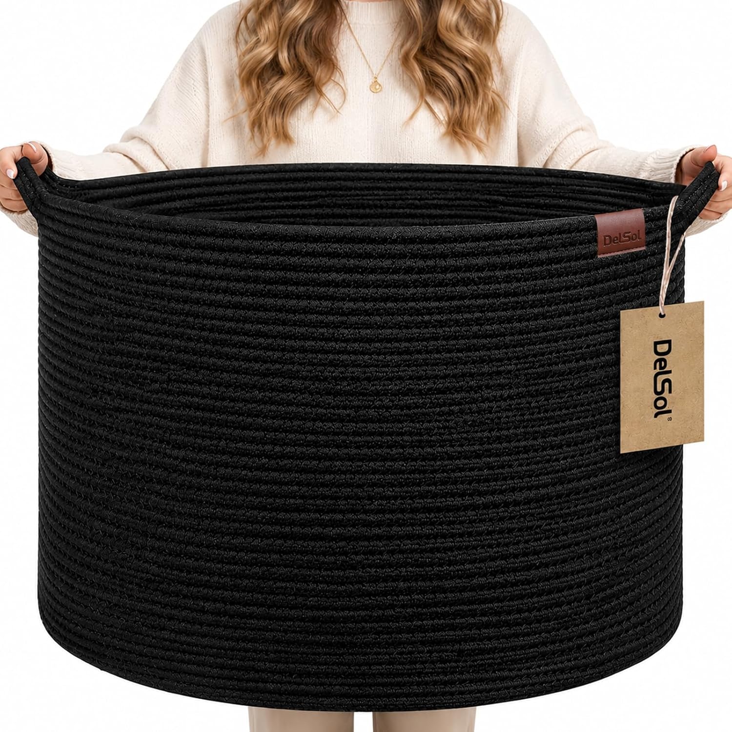 DelSol 108L Extra Large Blanket Basket with Handles, Cotton Rope Woven Storage Basket Laundry Hamper for Living Room Bedroom Nursery Pillows Clothes Towel Toy Organizer Home Decor 55x55x35cm