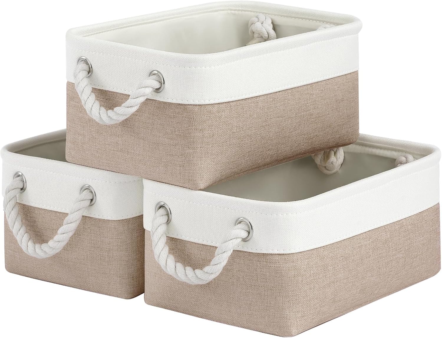 Storage Baskets for Shelves 11.8x7.9x5.2 Inch, Foldable Fabric Storage Bins with Handles, Small Storage Baskets for Organizing Closet, Office, Home Organization (3-Pack, White&Khaki)