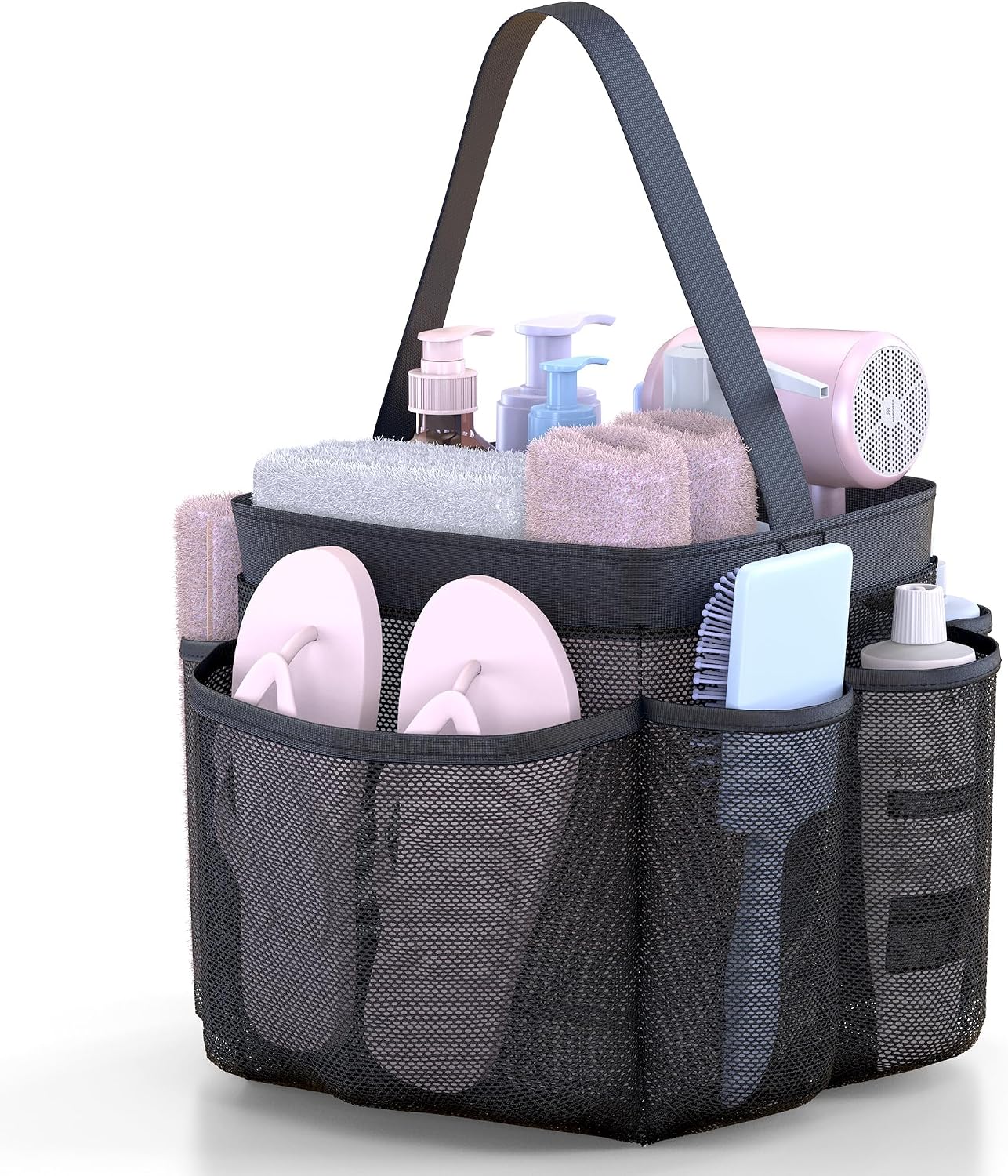 YASONIC Mesh Shower Caddy Portable for College Dorm Essentials, 8 Pockets Large Capacity Shower Organizer for Girls, Quick-Dry Hanging Toiletry Bag for Bathroom Travel, Beach, Swimming, Camping, Black