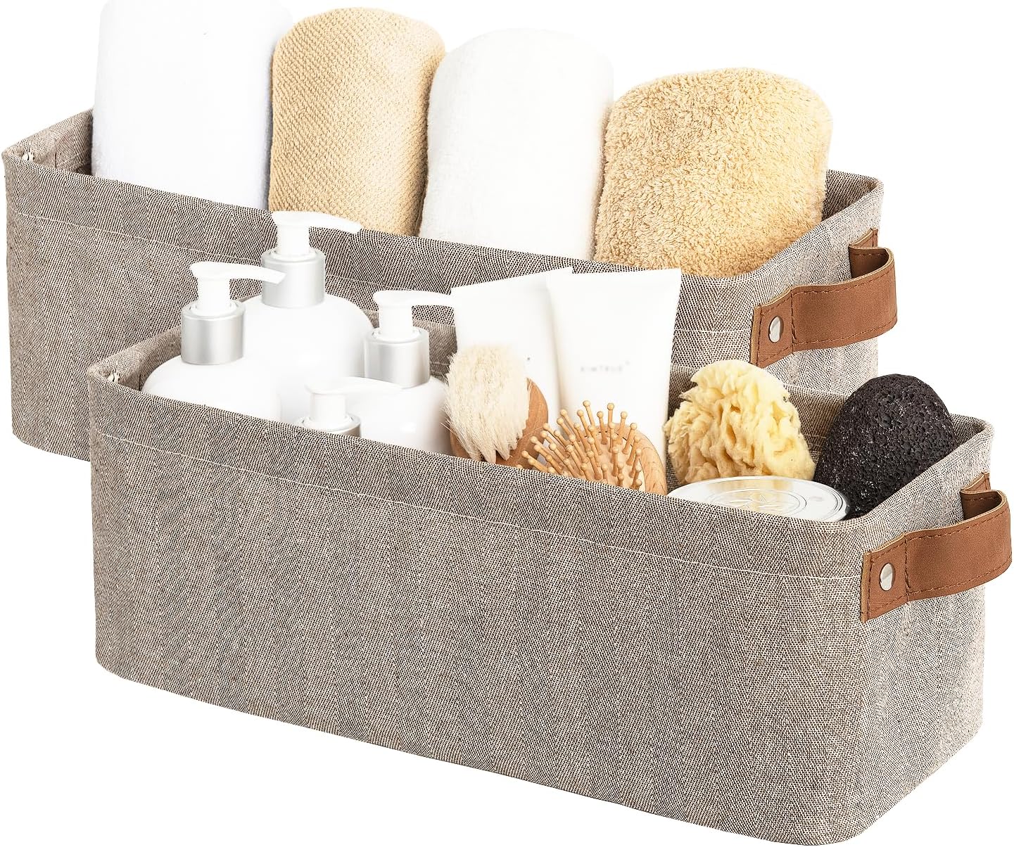 StorageWorks Narrow Storage Bins, Small Basket for Closet and Shelves, Fabric Organizer with Handles, Toilet Paper Storage, Brown and Beige, 2-Pack