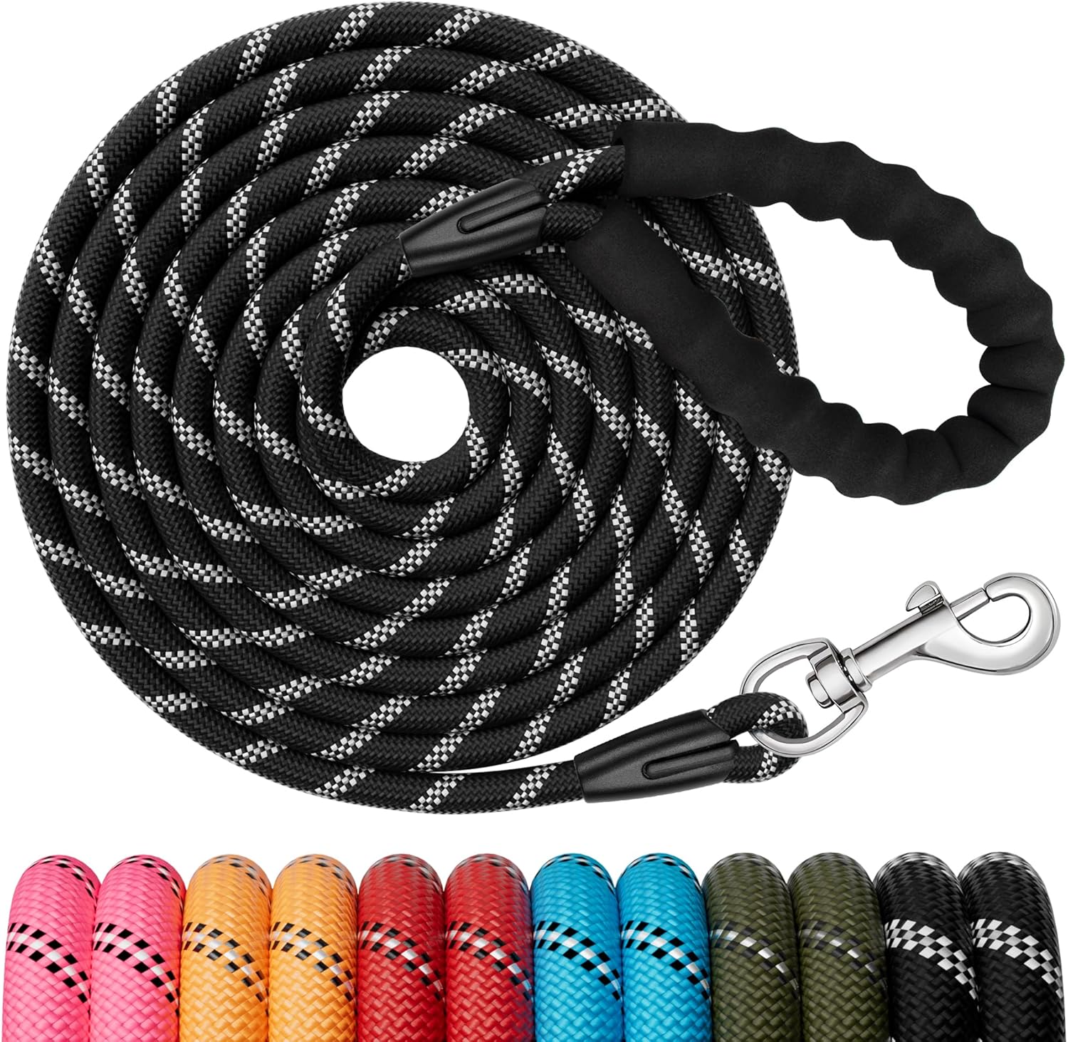 Training Leash for Dogs, 5M(15ft) Strong Rope Long line Dog Lead Leash with Soft Padded Handle and Heavy Duty Hook, Reflective Recall Training Leads for Large Medium Small Dog, Black