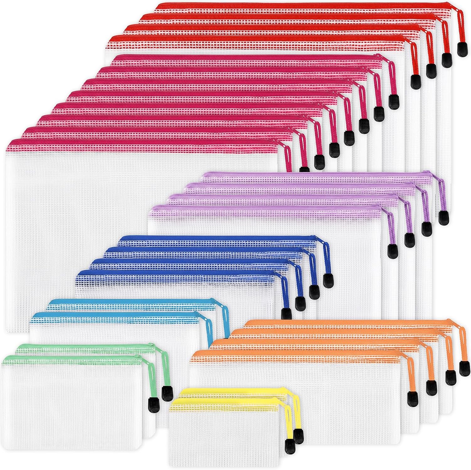 EOOUT 30pcs Mesh Zipper Pouch, Waterproof Zipper Bags, 8 Sizes Waterproof Plastic Document Pouch, 8 Colors, Multipurpose for Travel Storage, Office Appliances and Home Organize