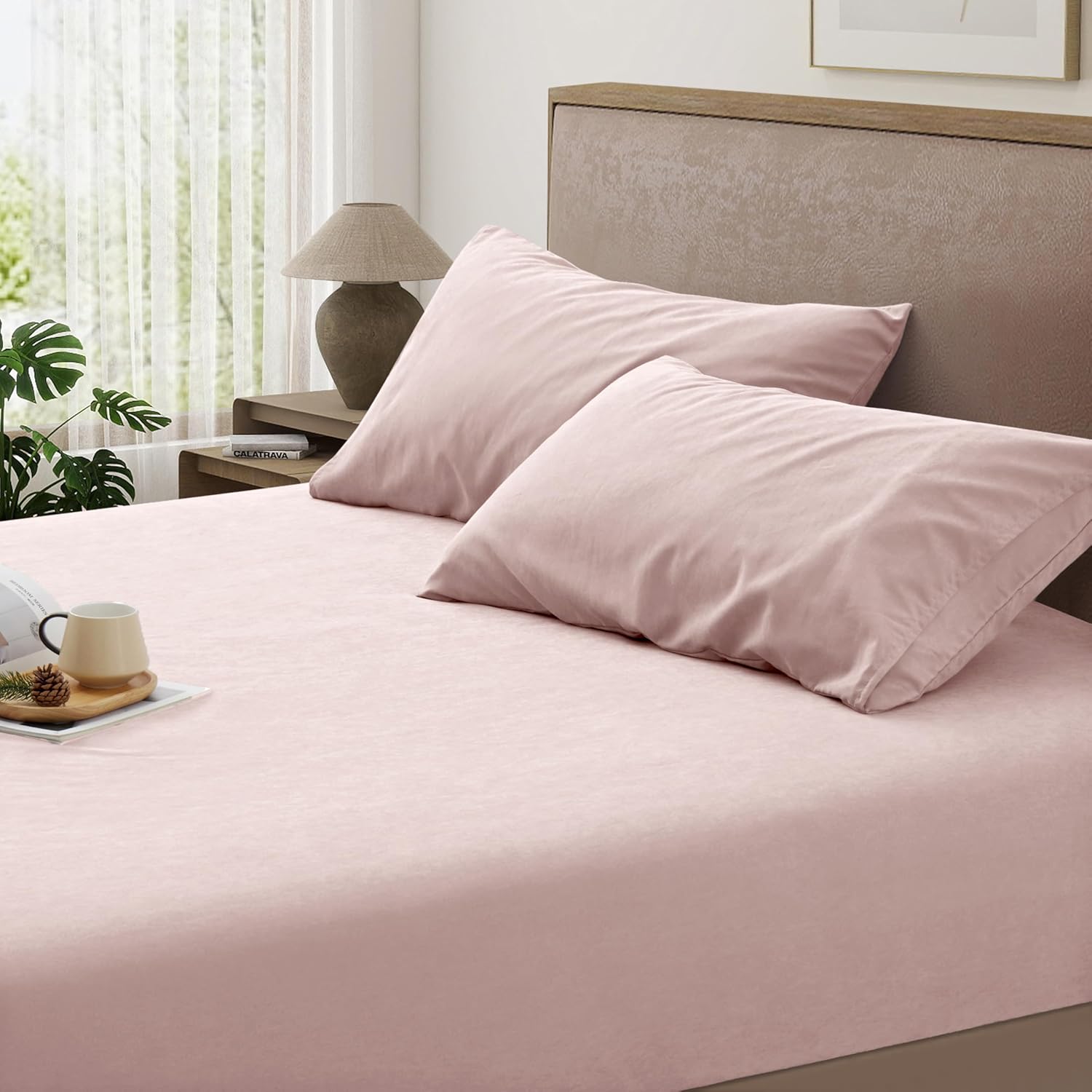 3 Piece King Sheet Set, 1200TC Breathable and Ultra Soft King Size Bed Sheets Set with 40cm Fitted Deep Pocket, 1 Bedding Fitted Sheet & 2 Pillowcases (Pink)