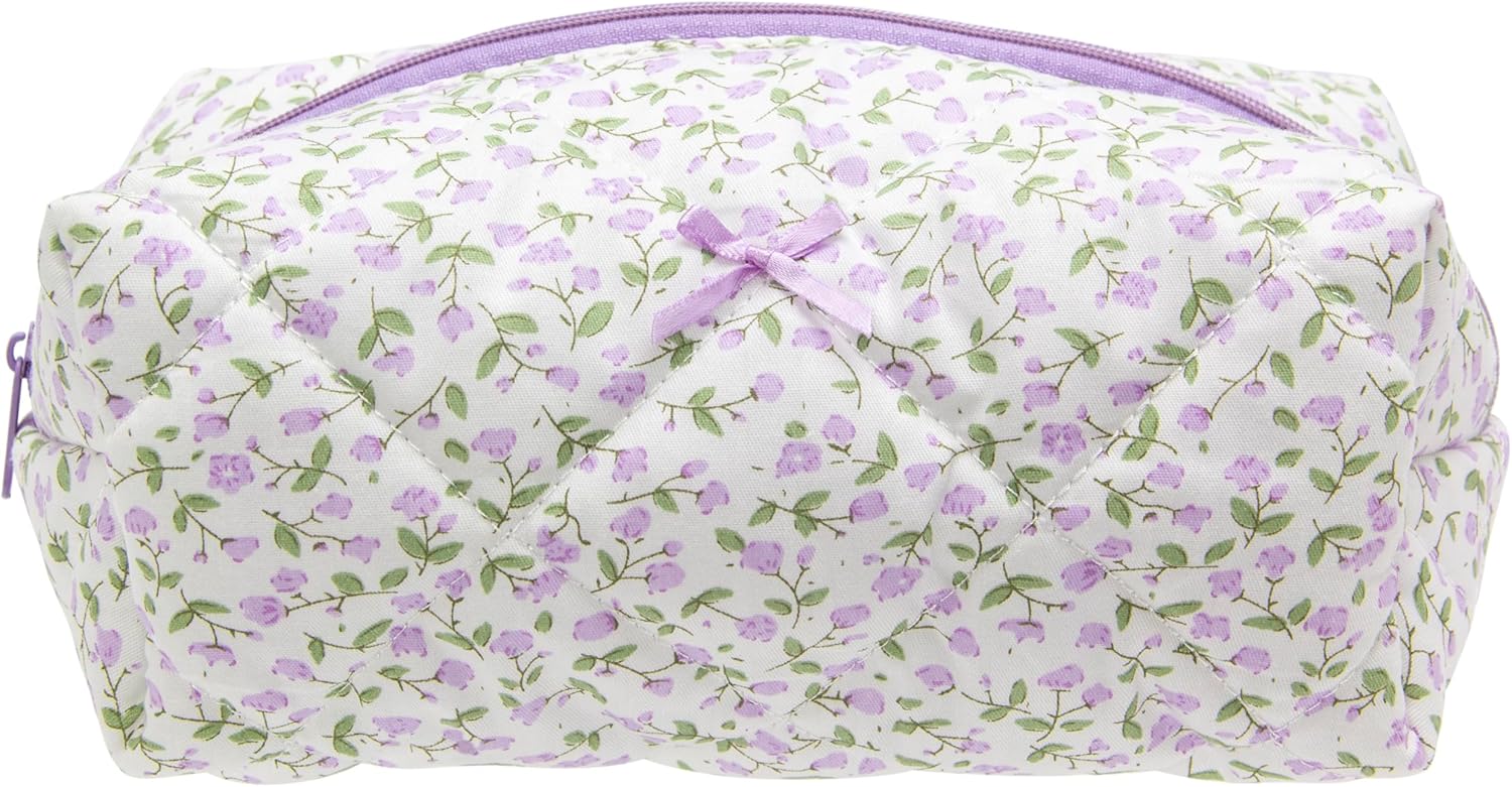PAZIMIIK Cozy Makeup Bag Travel Cosmetic Bag for Women Soft Toiletry Bag Aesthetic Makeup Organizer Portable Large Zipper Pouch for Skincare Beauty Accessories Brushes, Floral Purple, 1PCS, Vintage