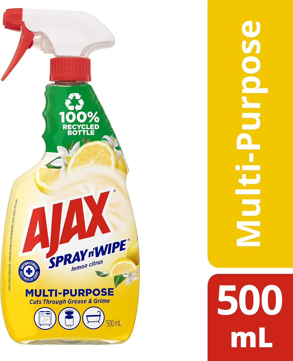 Ajax Spray n' Wipe Multi-Purpose Cleaner Trigger, Antibacterial Disinfectant, 500mL, Lemon Citrus Surface Spray, Household Grade (Pack of 2)
