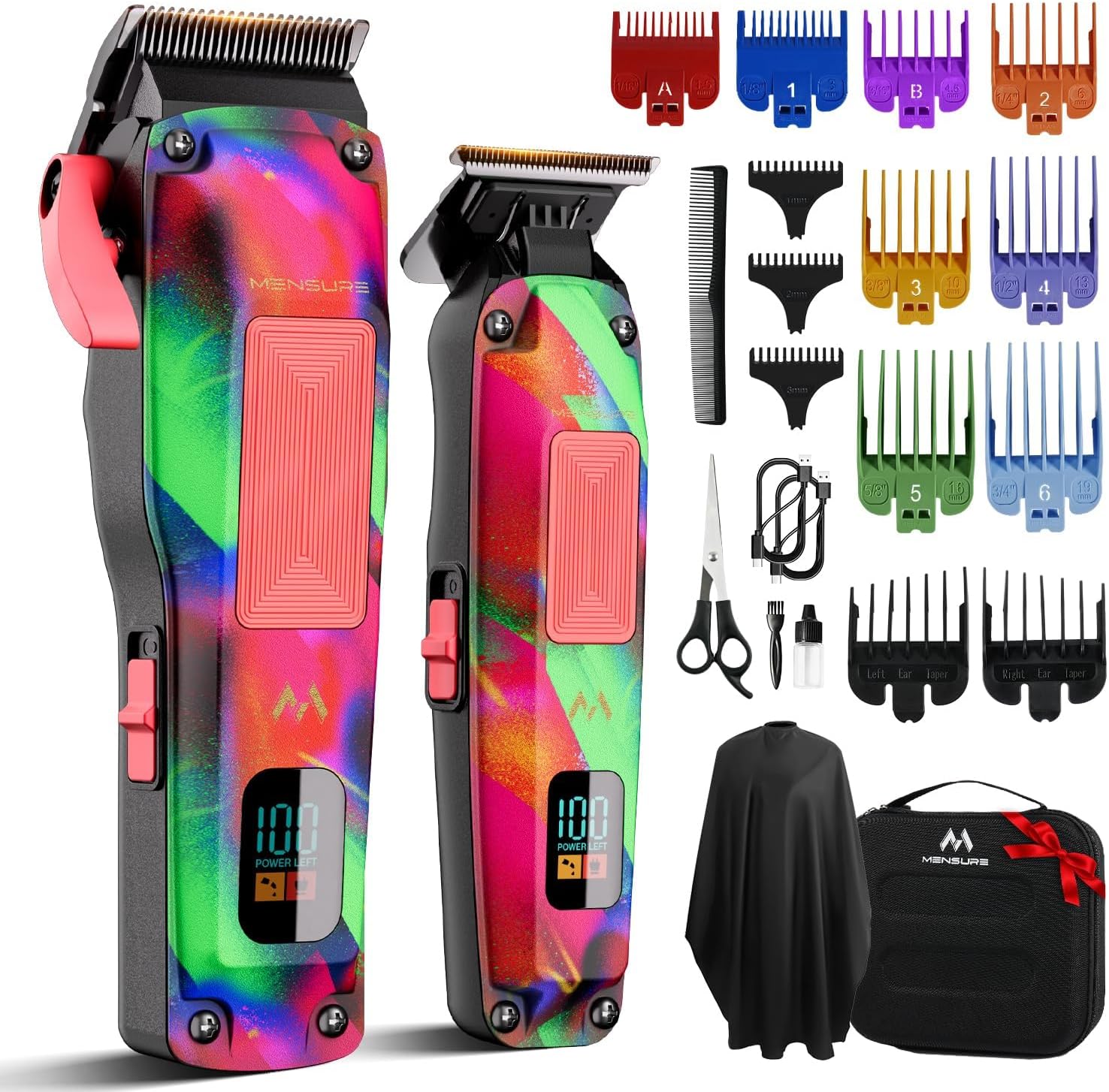 Mensure Professional Hair Clippers for Men, 7500RPM Metal Barber Clippers with Graffiti Design, Zero-Gap Adjustable Blade, Cordless Clipprers Kit with Color Guide Combs & Storage Bag
