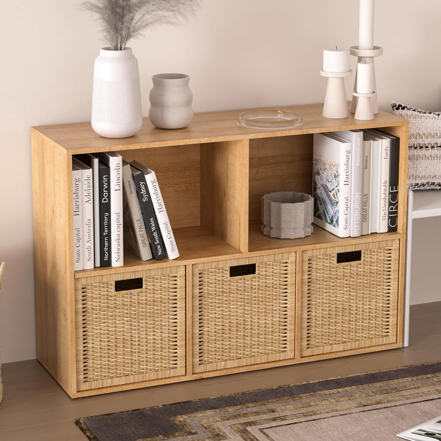 Wooden 5 Cube Bookshelf,Storage Organizer with Closed Back Panel,White Cube Shelf Cubby Bookcase with Compartments for Living,Storage Organizers Easy to Install(Oak, 5 Cube)