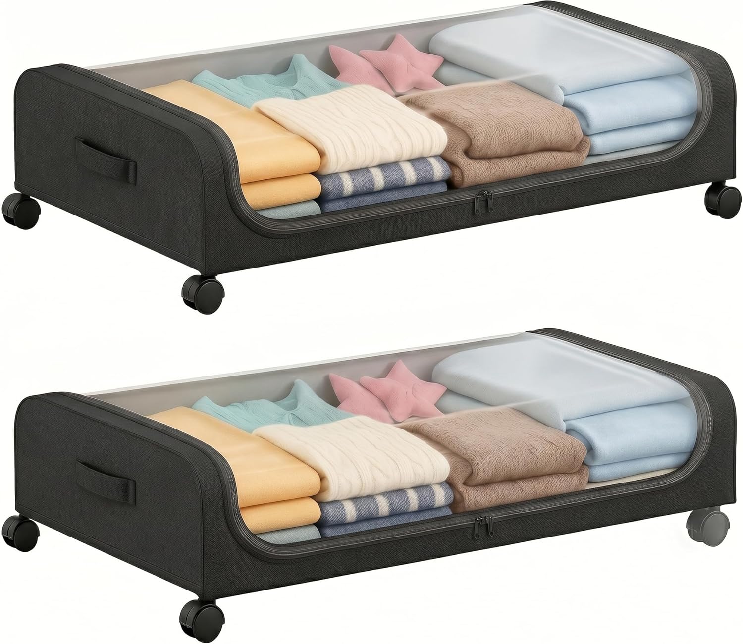 Under Bed Storage Containers with Wheels, 2 Pack 45L Foldable Underbed Storage Bins with Clear Lid, Dustproof Rolling Storage Organizer for Clothes, Blankets, Shoes, Books, Black