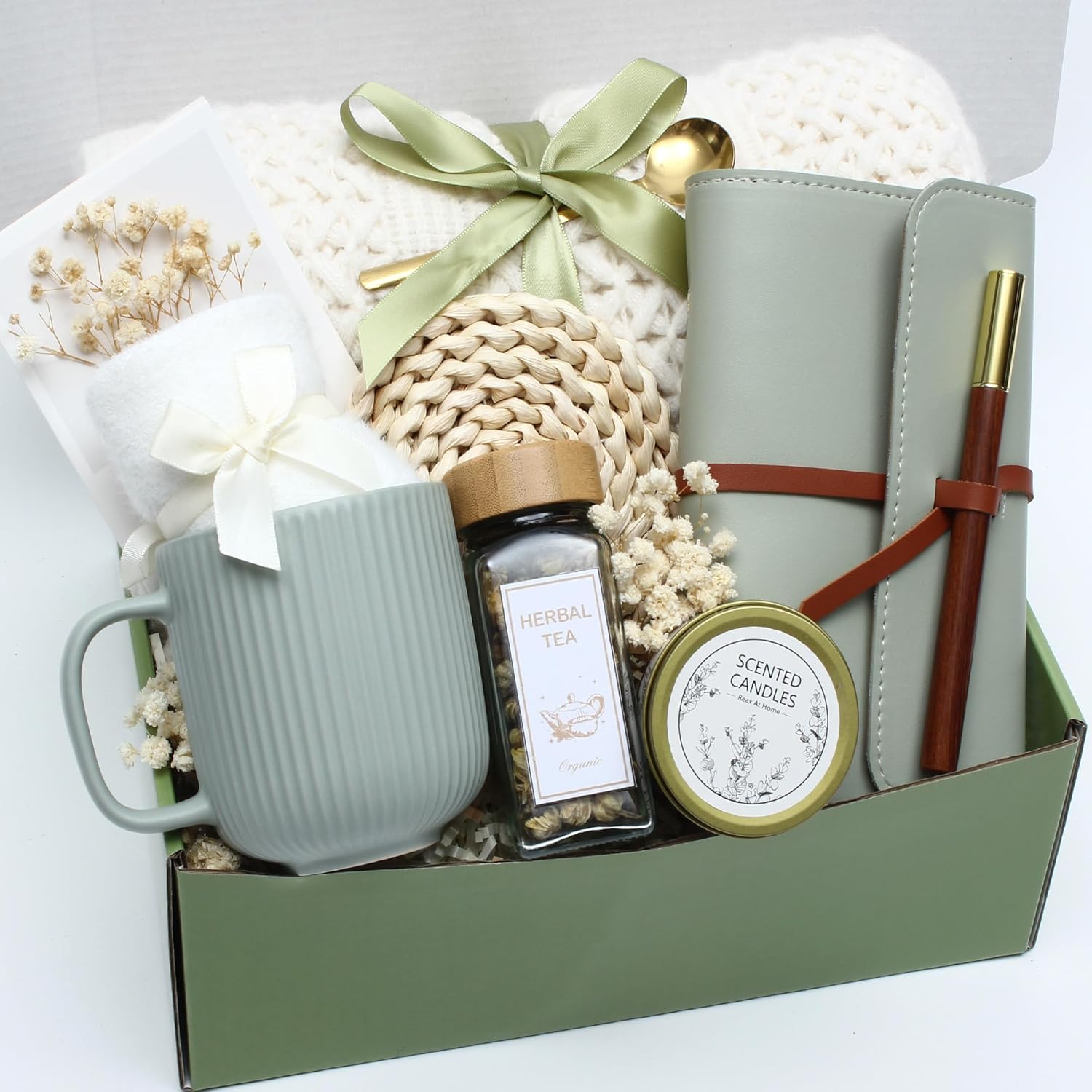 Sage Green Gift Box for Women - Self Care Birthday Gifts Relaxing Spa Set with Soft Blanket, Insulated Mug, Scented Candle, Journal & Tea - Thinking of You, Get Well Soon Gifts