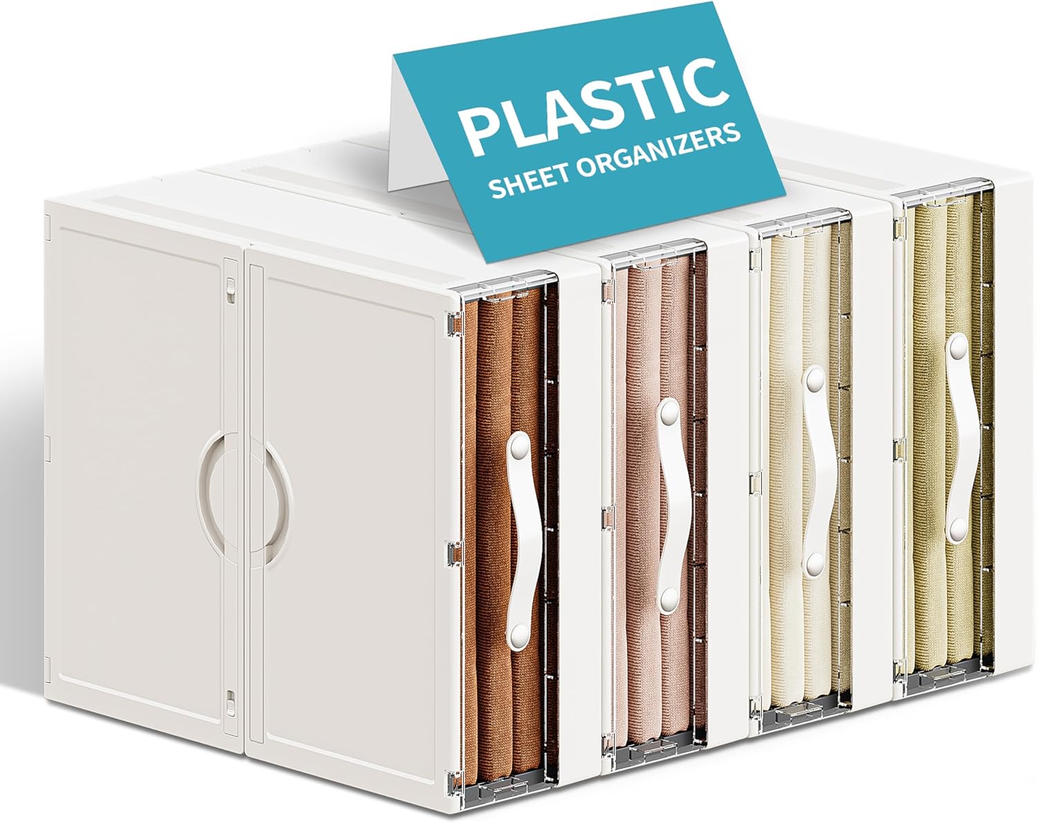 Set of 4 Plastic Sheet Organizer and Storage, Foldable Bedding Organizer with Window, Lockable Storage Bins for Sheets, Bed Sheet Covers