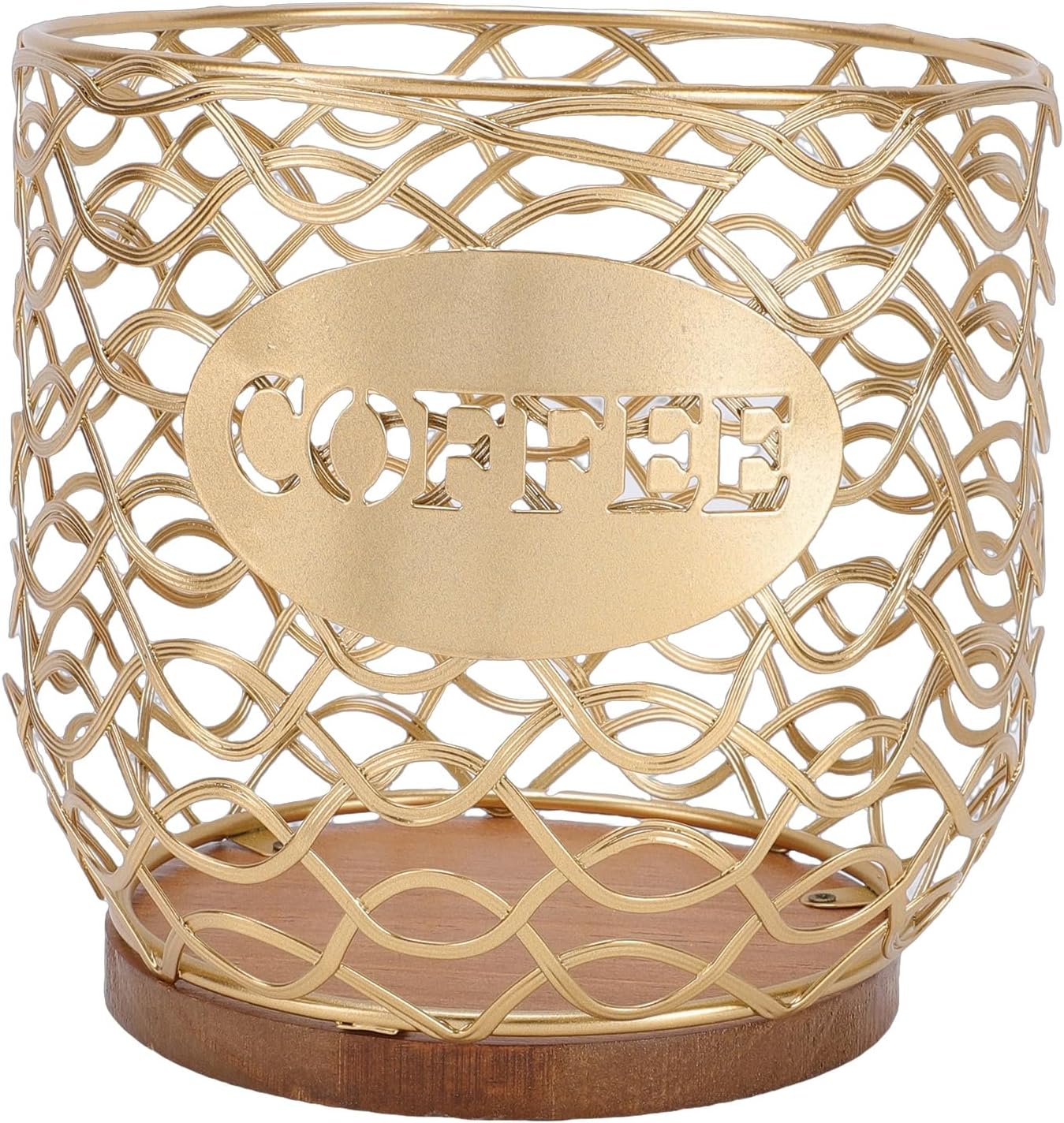 Jiawu Coffee Pod Holder, Over 35 Capsules Storage Compact Countertop Design Wooden Coffee Capsule Organizer Mug Shaped Storage Basket with Wooden Base for Kitchen Office Bar (Gold)