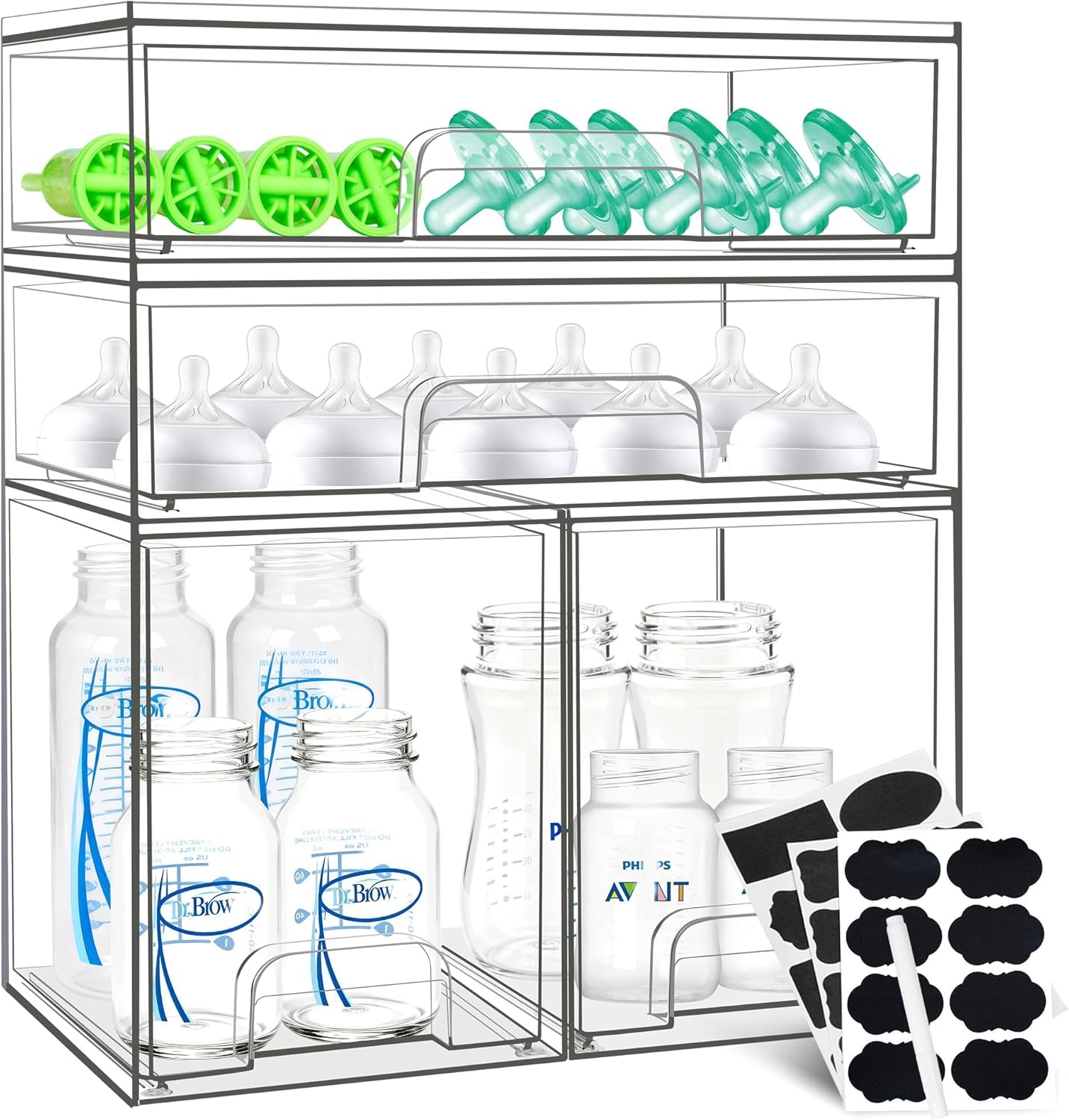 Baby Bottle Organizer, Stackable Storage Drawers with Labels, Clear Station Organizers Container for Pacifiers, Desk Organizer Bins for Bathroom, Cabinet, Pantry, Vanity, Countertop (4 Pack)