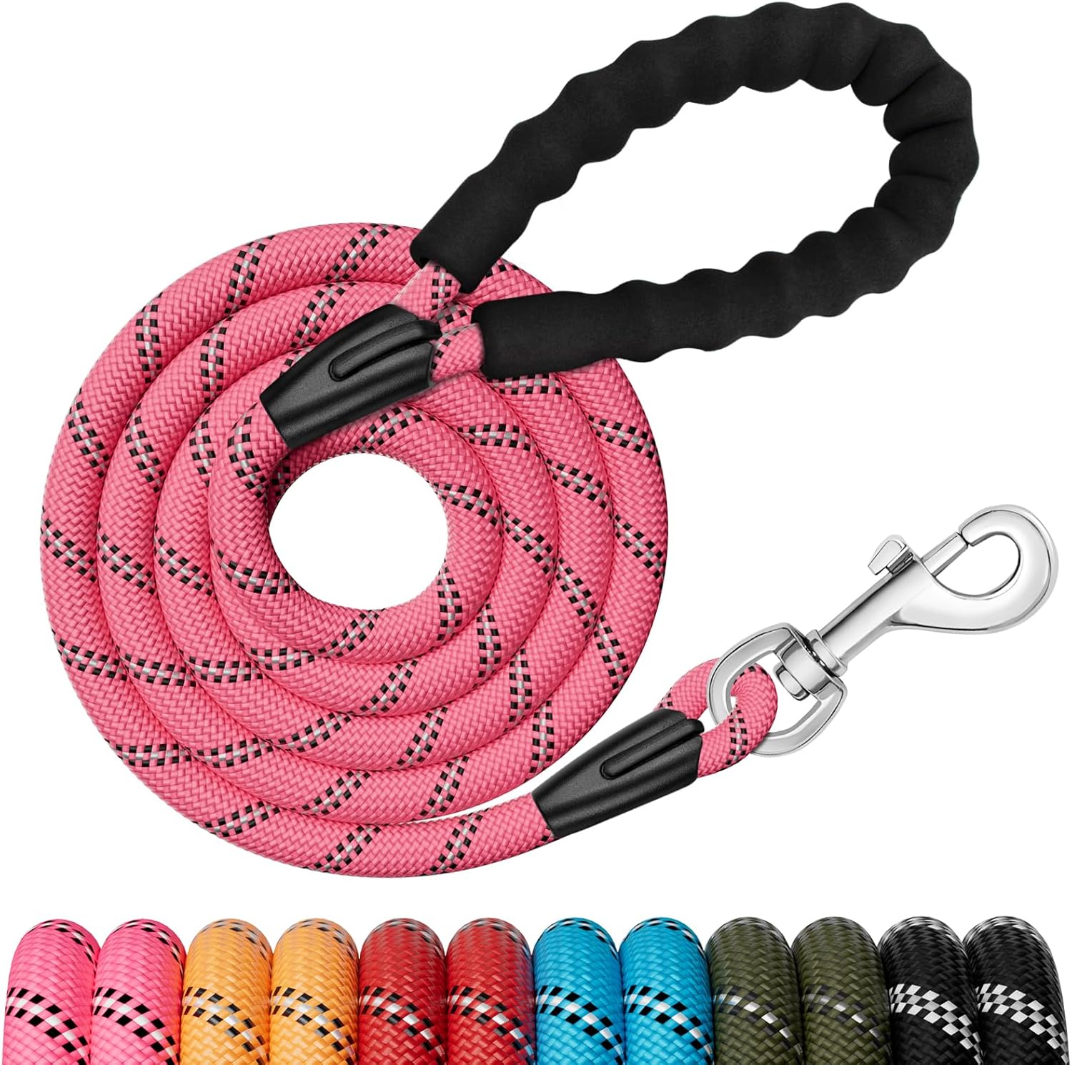 6FT Dog Leash, 1.8m Strong Rope line Dog Lead Leash with Soft Padded Handle and Heavy Duty Hook, Reflective Recall Training Leads for Large Medium Small Dog, Pink