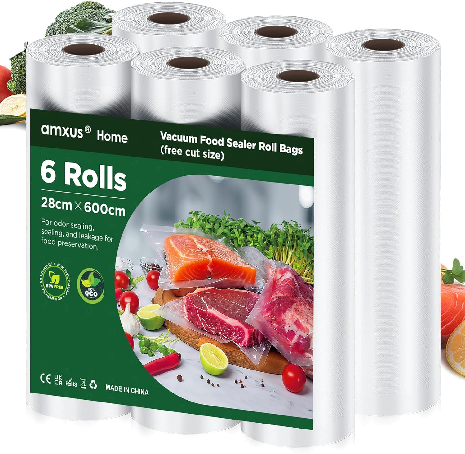 Vacuum Sealer Bags, 6Rolls 28CM*6M Vacuum Seal Bags for Food Saver, Seal a Meal, Weston, Commercial Grade, BPA Free, Heavy Duty, Great for Portion Control & Food Storage
