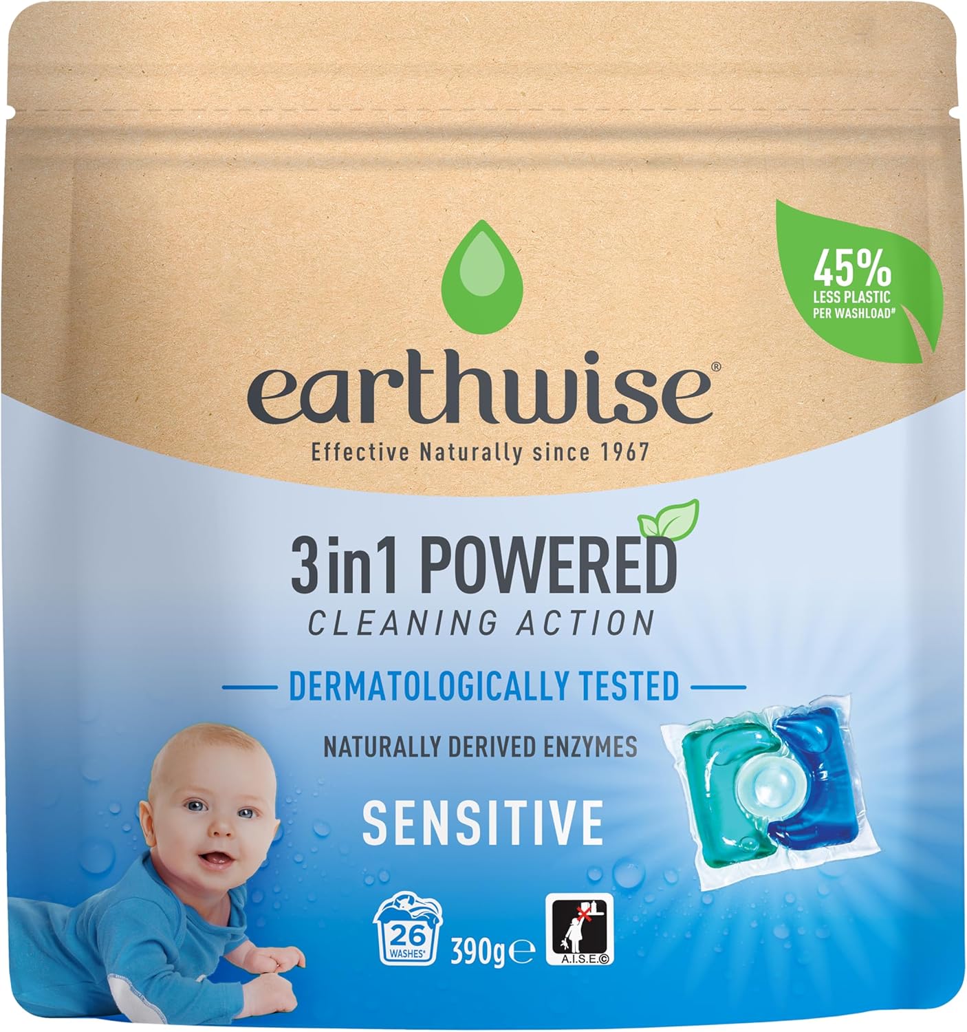 Earthwise Sensitive Laundry Washing Detergent Capsules, 26 Pack, 26 Washloads, Suitable for Front & Top Loader, Dermatologically Tested, 3in1 Powered Cleaning Action with Naturally Derived Enzymes