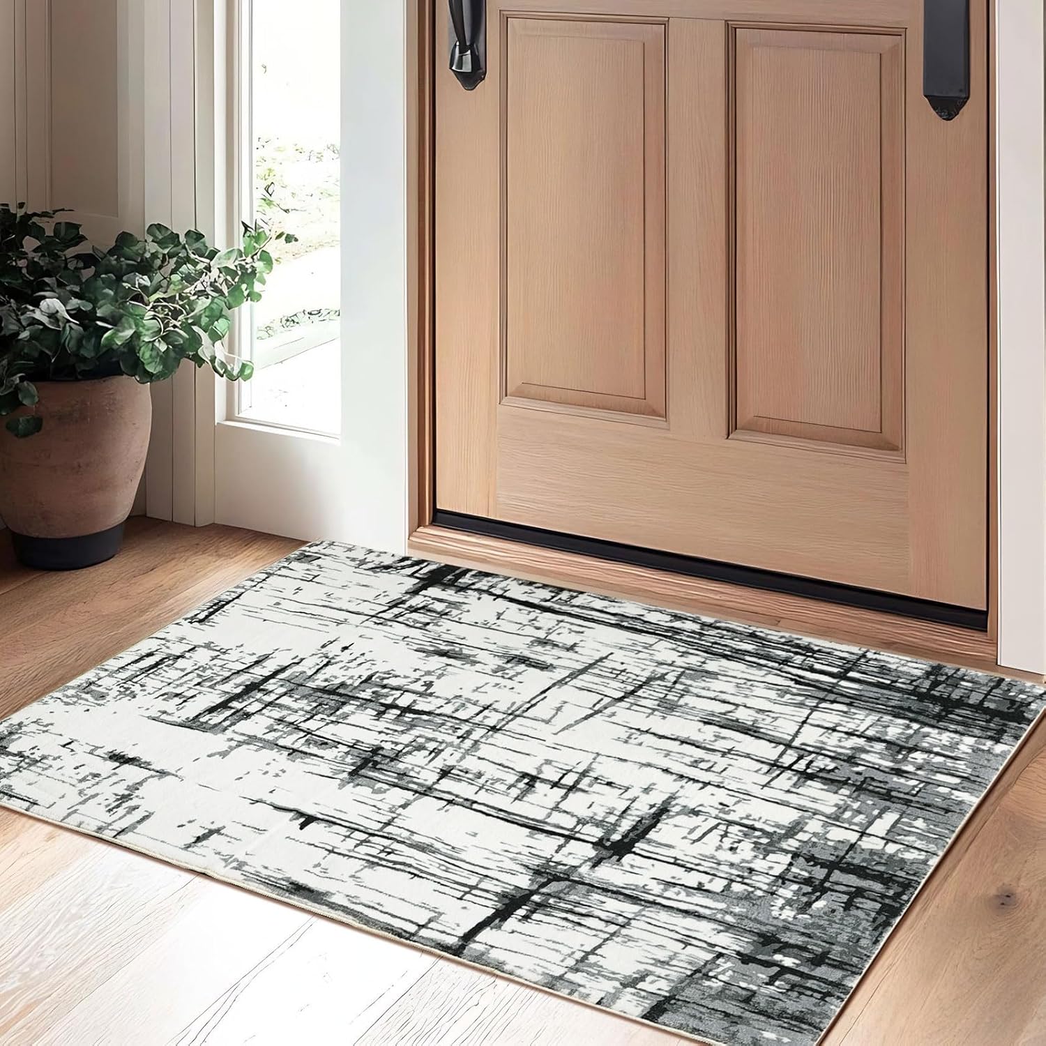 Area Rugs for Living Room Geometric Stripe Carpet Non Slip Cashmere Floor Rug for Bedroom Kitchen Dining Office Indoor Door mat (Abstract Grey/White/Black, 80 * 120cm)