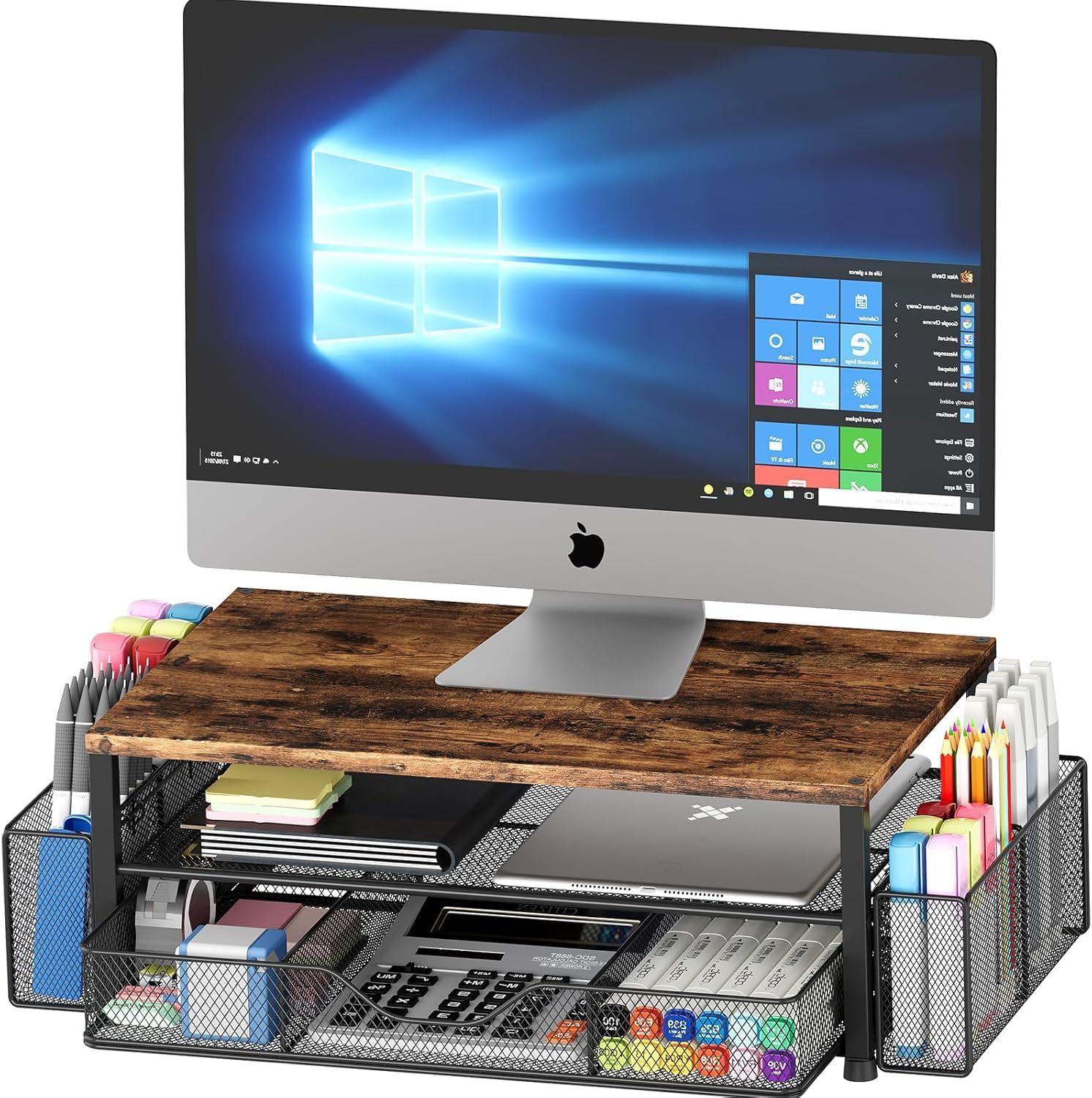 Desk Organizer and Accessories, 2-Tier Computer Monitor Stand Riser with Drawer and 2 Pen Holders, Office Desk Accessories for Office Supplies(Brown)