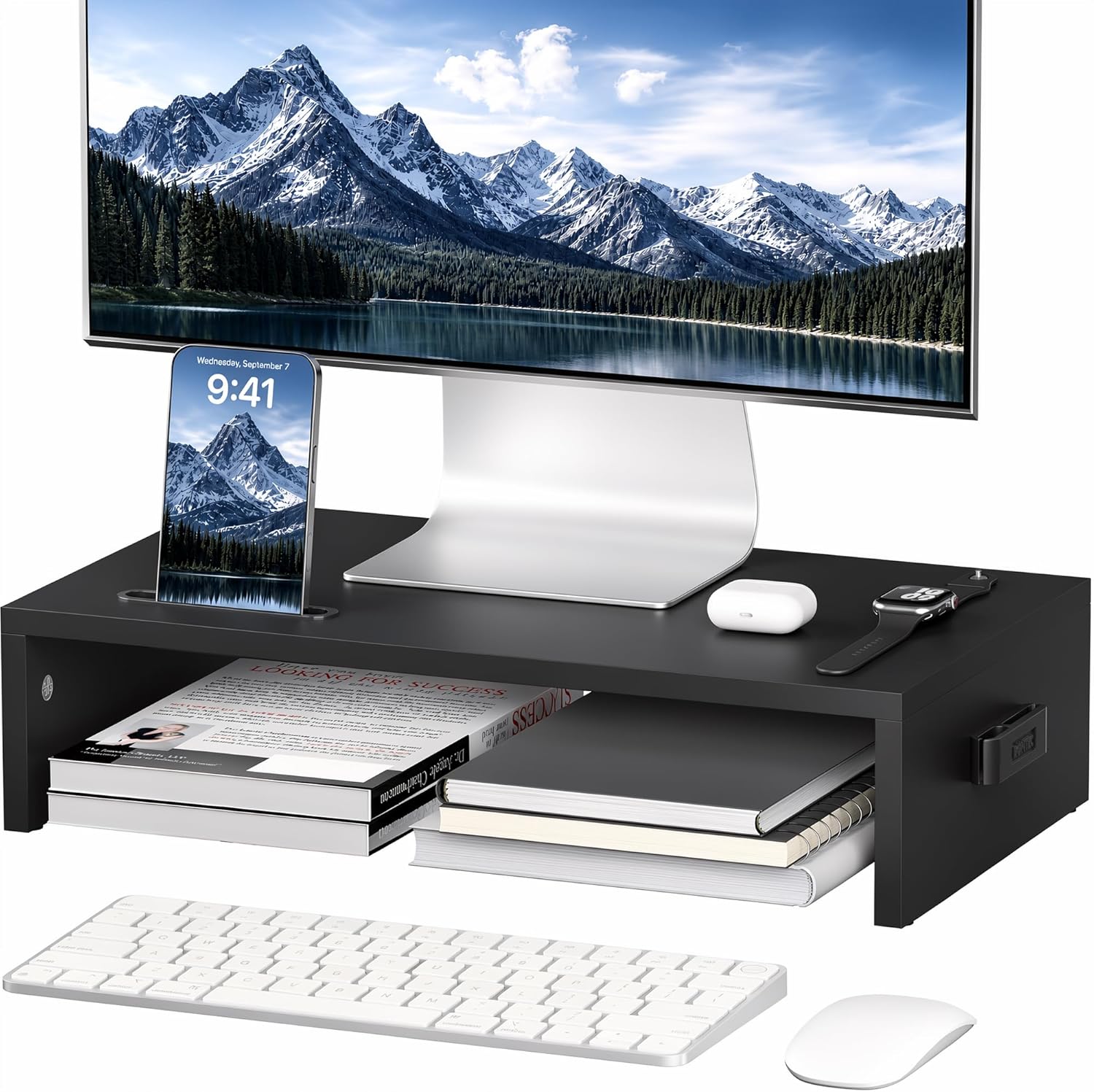 BONTEC Monitor Stand for Desk, Wooden Desk Riser, 420 x 235 x 104 mm, Ergonomic Monitor Riser with Phone Holder, Cable Management, Keyboard Storage, Desktop Organiser, 30 kg Load, Black