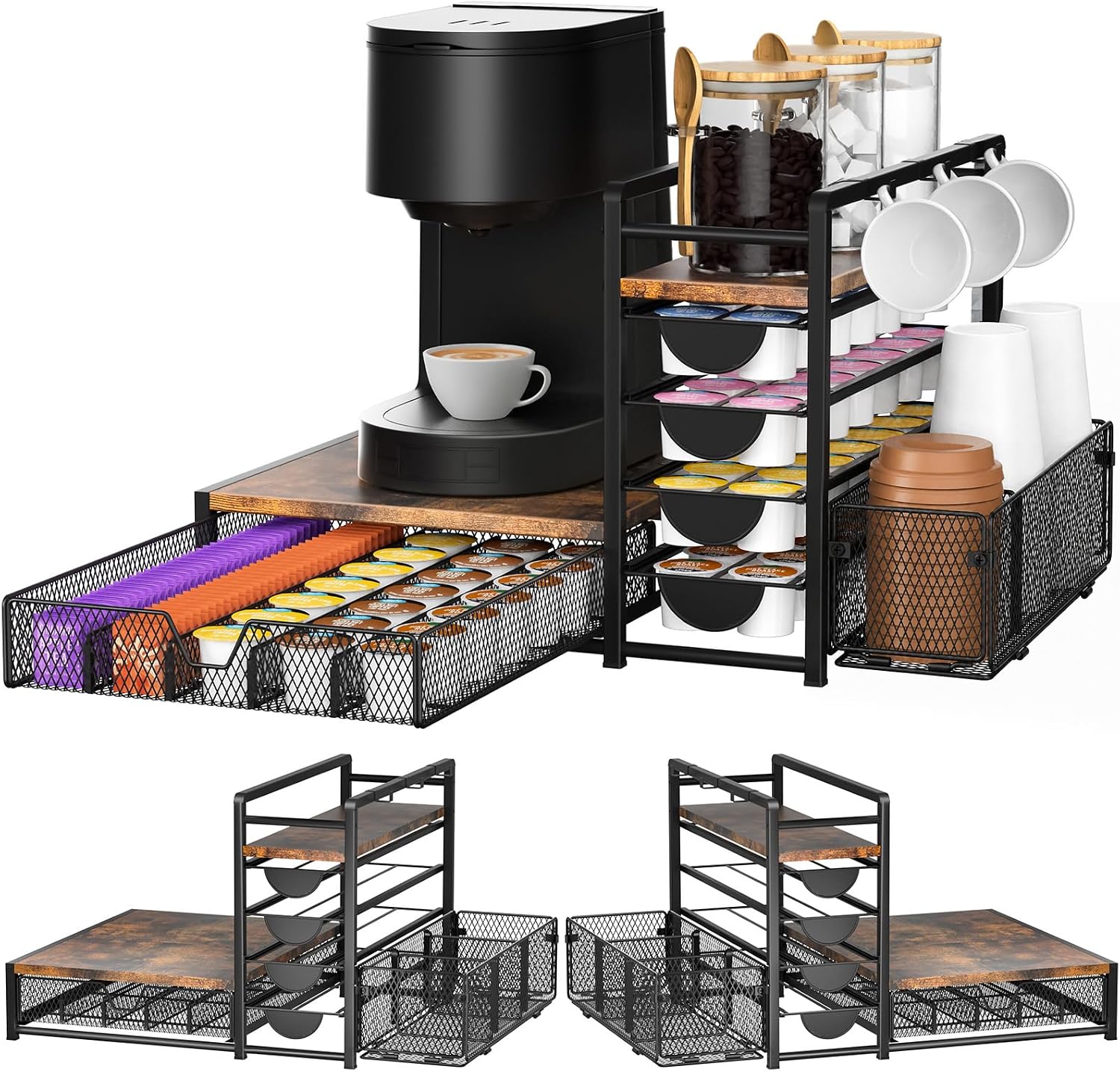 Coffee Bar Organizer - 90 K-Cup Capacity, 3 Hooks, Multi-Tier Storage for Pods, Mugs & Accessories, Tea Bags & Coffee Station Organizer, Space-Saving Kitchen Countertop K-Cup Holder