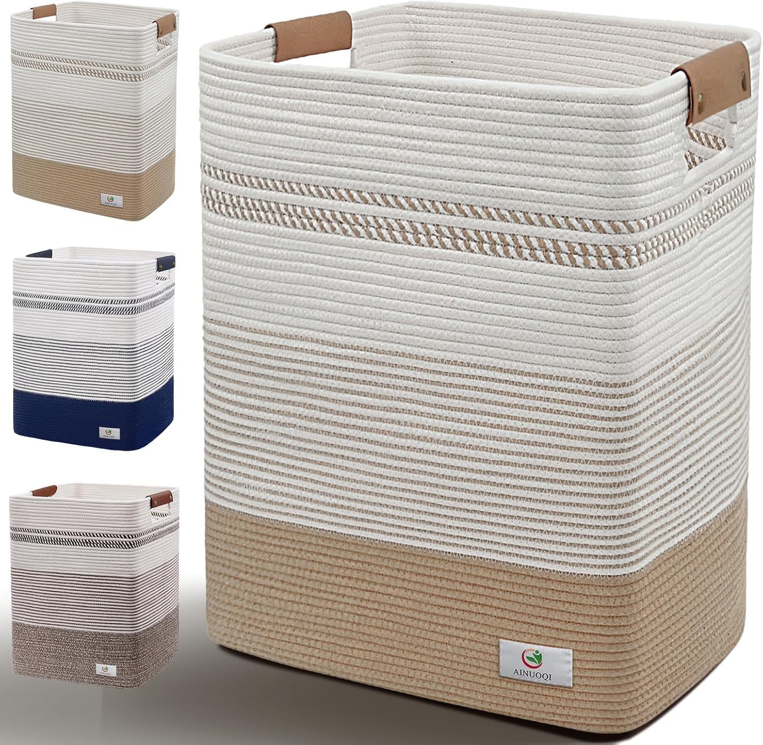 Laundry Hamper Large Laundry Basket with Leather Handles, Decorative Storage Cotton Rope Woven Basket for Blankets, Clothes Hamper for Living Room, Jute & White, 85L (Khaki)