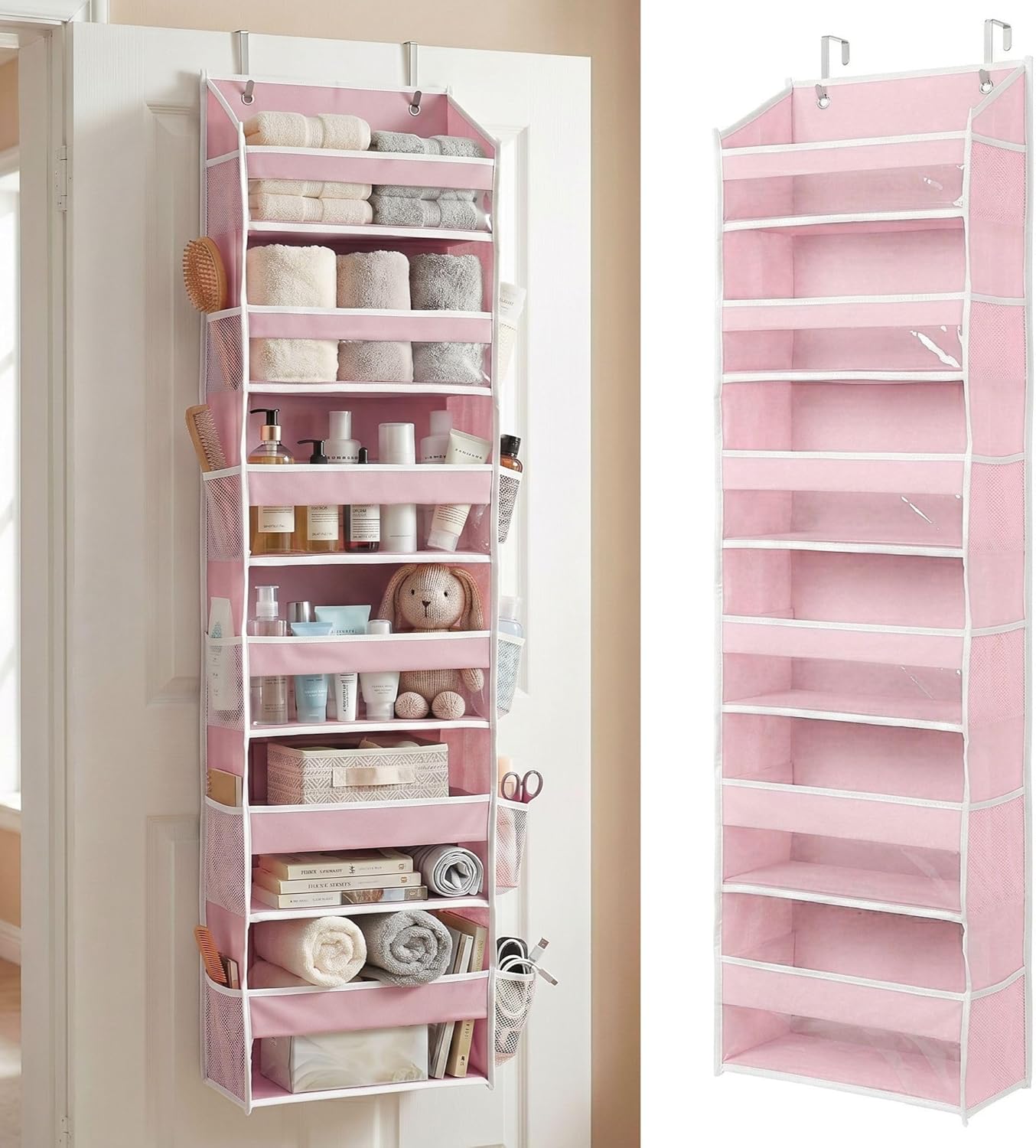 HOMELUX THEORY 1 PC Heavy Duty Over the Door Organizer 55x14x6.7, 6 Large Front & 12 Side Pockets, Hanging Storage Closet Door Organizer for Bedroom, Bathroom and Baby Nursery Storage (Baby Pink)