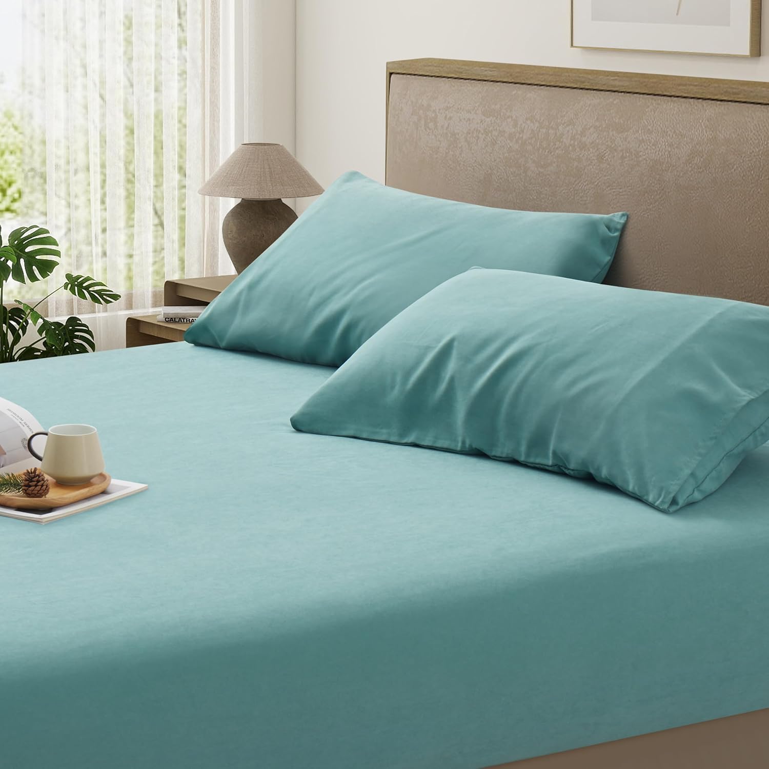 2 Piece King Single Sheet Set, 1200TC Breathable and Ultra Soft King Single Size Bed Sheets Set with Fitted Deep Pockets 40cm, 1 Bedding Fitted Sheets & 1 Pillowcase (Grayish Green, King Single)